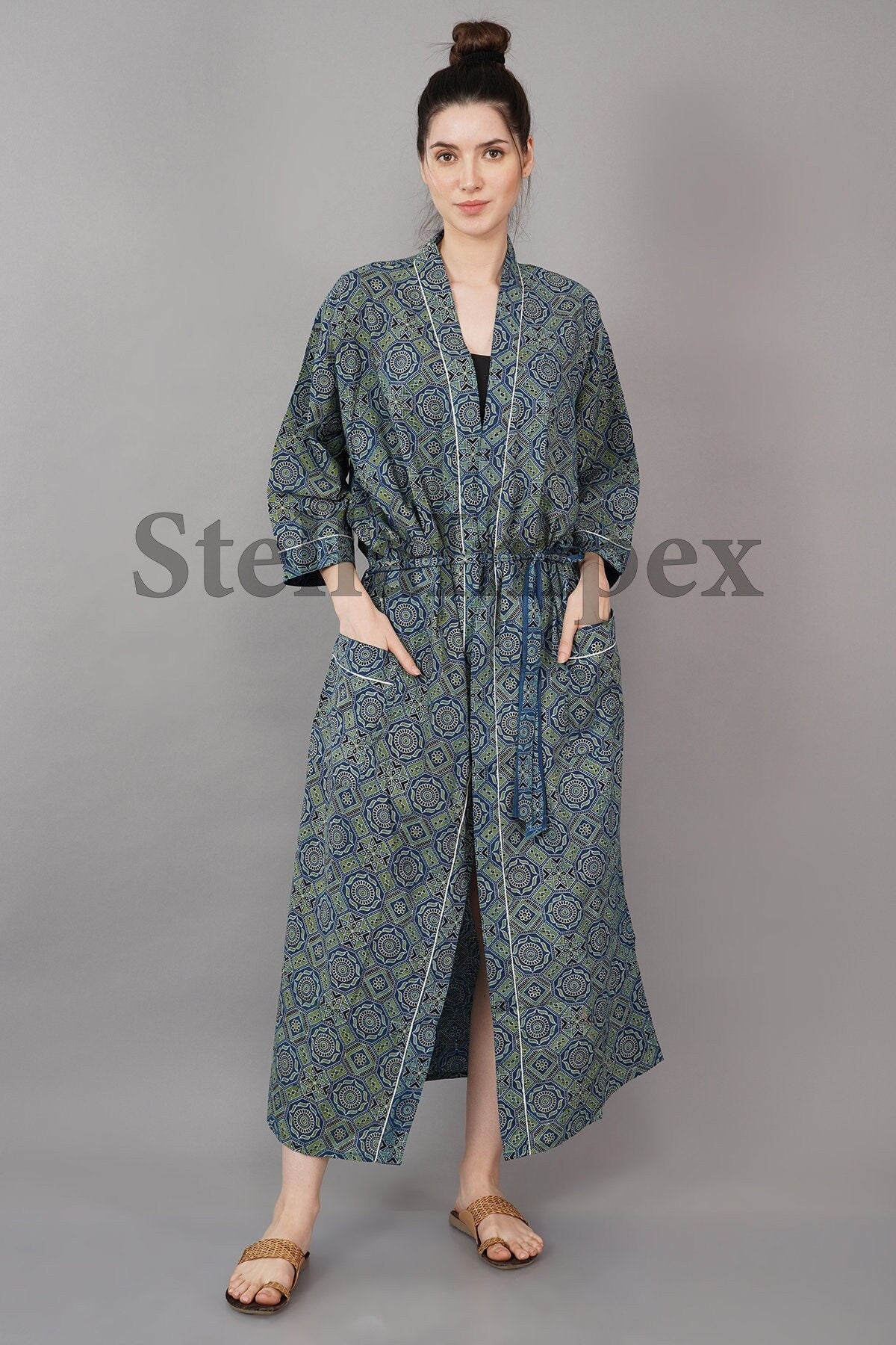 Indian Handmade Cotton Kimono Elegant Blue & Green Bathrobe Resort Wear Beach Bikini Cover-ups Boho Kimono Bathrobe, Gift for Her