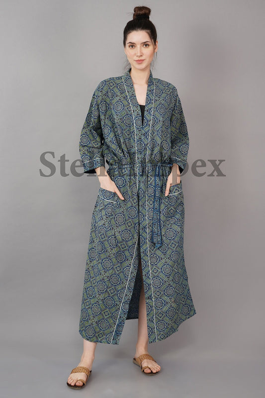 Indian Handmade Cotton Kimono Elegant Blue & Green Bathrobe Resort Wear Beach Bikini Cover-ups Boho Kimono Bathrobe, Gift for Her