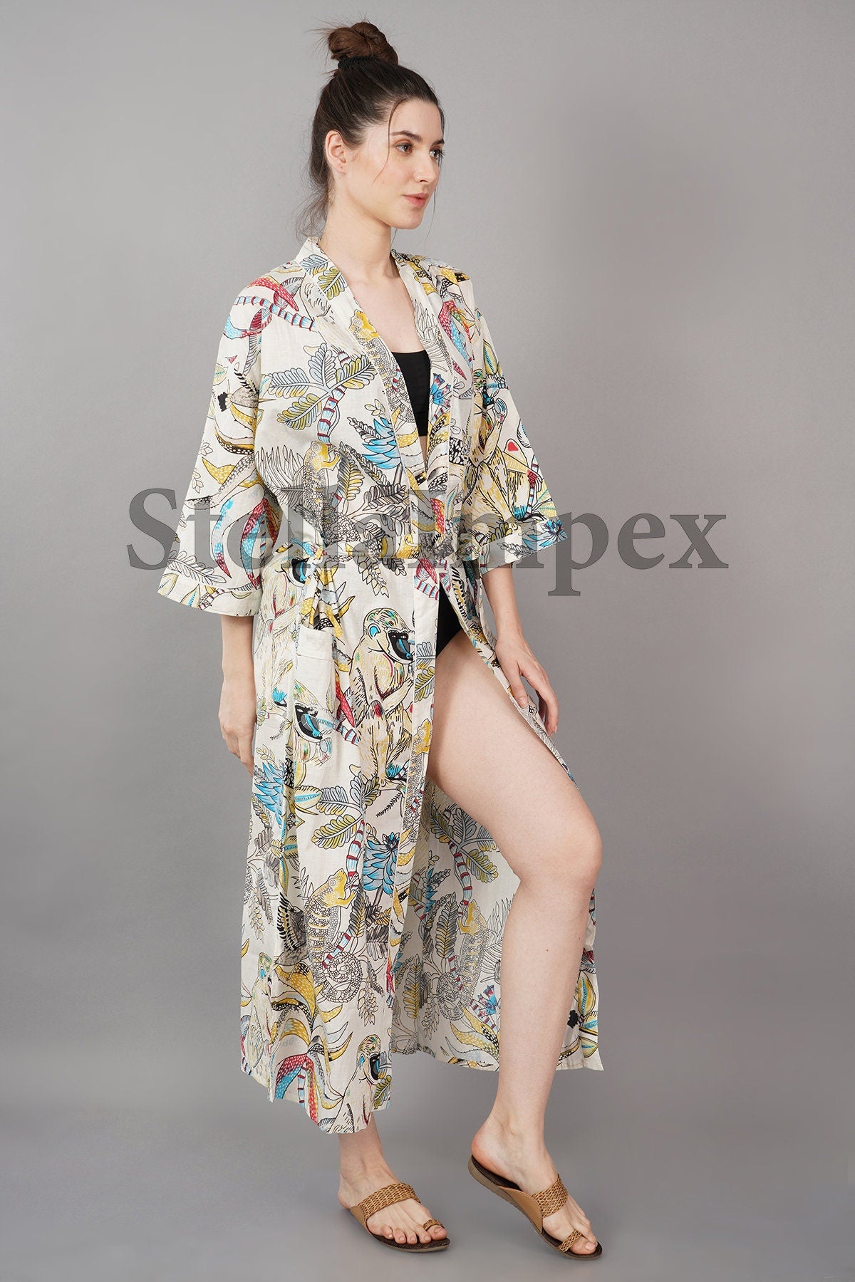 Trendy Cotton Kimono Elegant White Jungle Print Bathrobe Resort Wear Beach Bikini Cover-ups Boho Kimono Bathrobe, Gift for Her