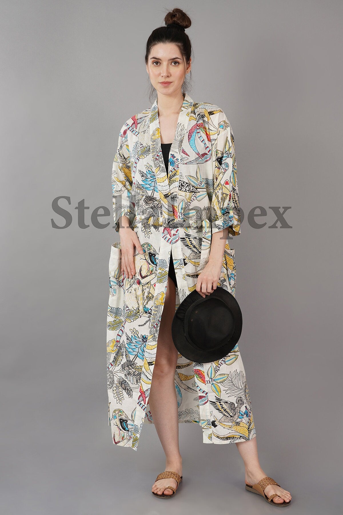 Trendy Cotton Kimono Elegant White Jungle Print Bathrobe Resort Wear Beach Bikini Cover-ups Boho Kimono Bathrobe, Gift for Her