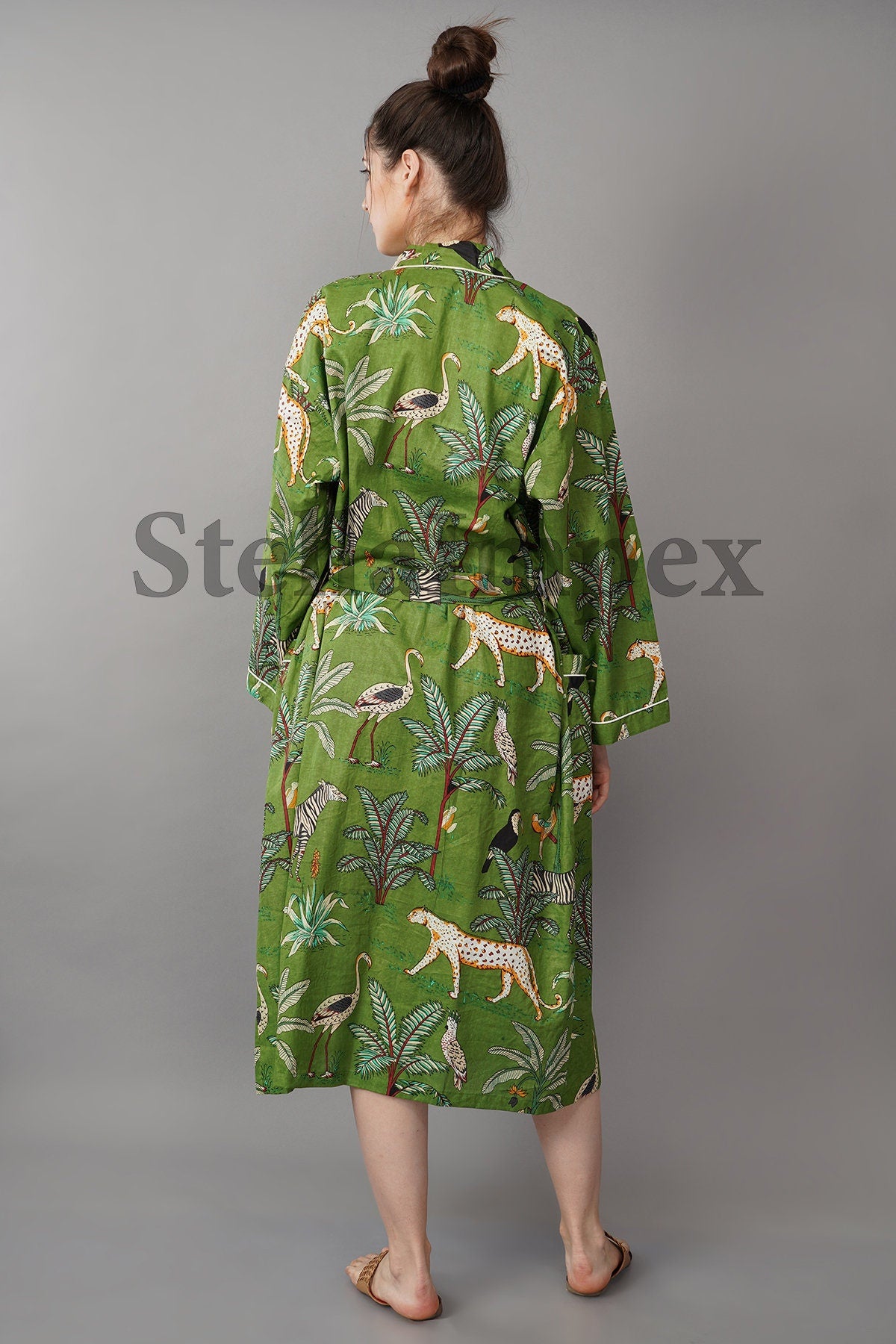 Trendy Cotton Kimono Elegant Green Jungle Print Bathrobe Resort Wear Beach Bikini Cover-ups Boho Kimono Bathrobe, Gift for Her
