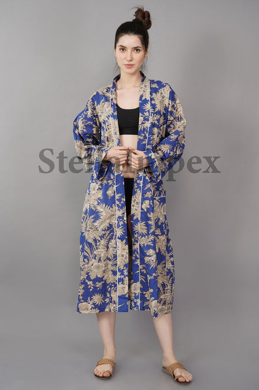 Trendy Cotton Kimono Elegant Blue Floral Bathrobe Resort Wear Beach Bikini Cover-ups Boho Kimono Bathrobe, Gift for Her