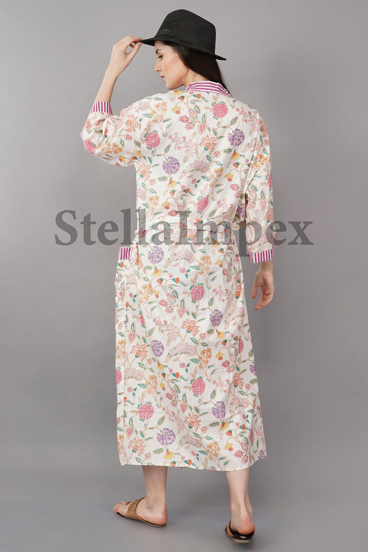Indian Handmade Cotton Kimono Elegant White & Pink Floral Bathrobe Resort Wear Beach Bikini Cover-ups Boho Kimono Bathrobe, Gift for Her