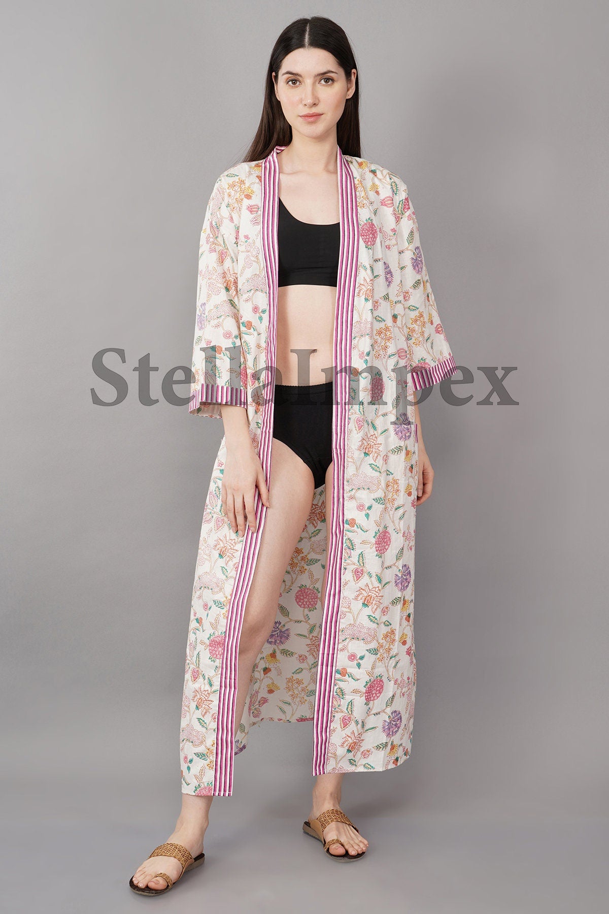 Indian Handmade Cotton Kimono Elegant White & Pink Floral Bathrobe Resort Wear Beach Bikini Cover-ups Boho Kimono Bathrobe, Gift for Her