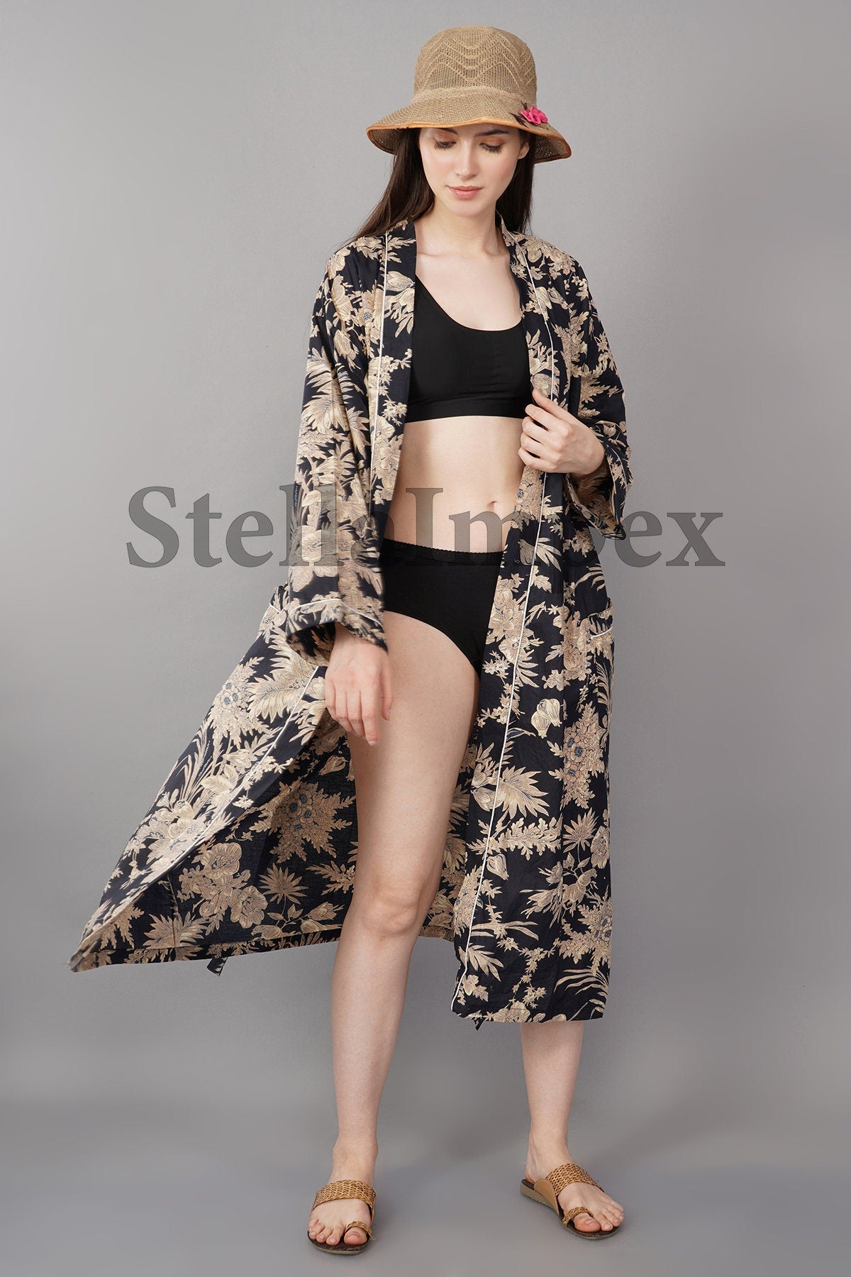 Indian Handmade Cotton Kimono Elegant Black & Gold Floral Bathrobe Resort Wear Beach Bikini Cover-ups Boho Kimono Bathrobe, Gift for Her