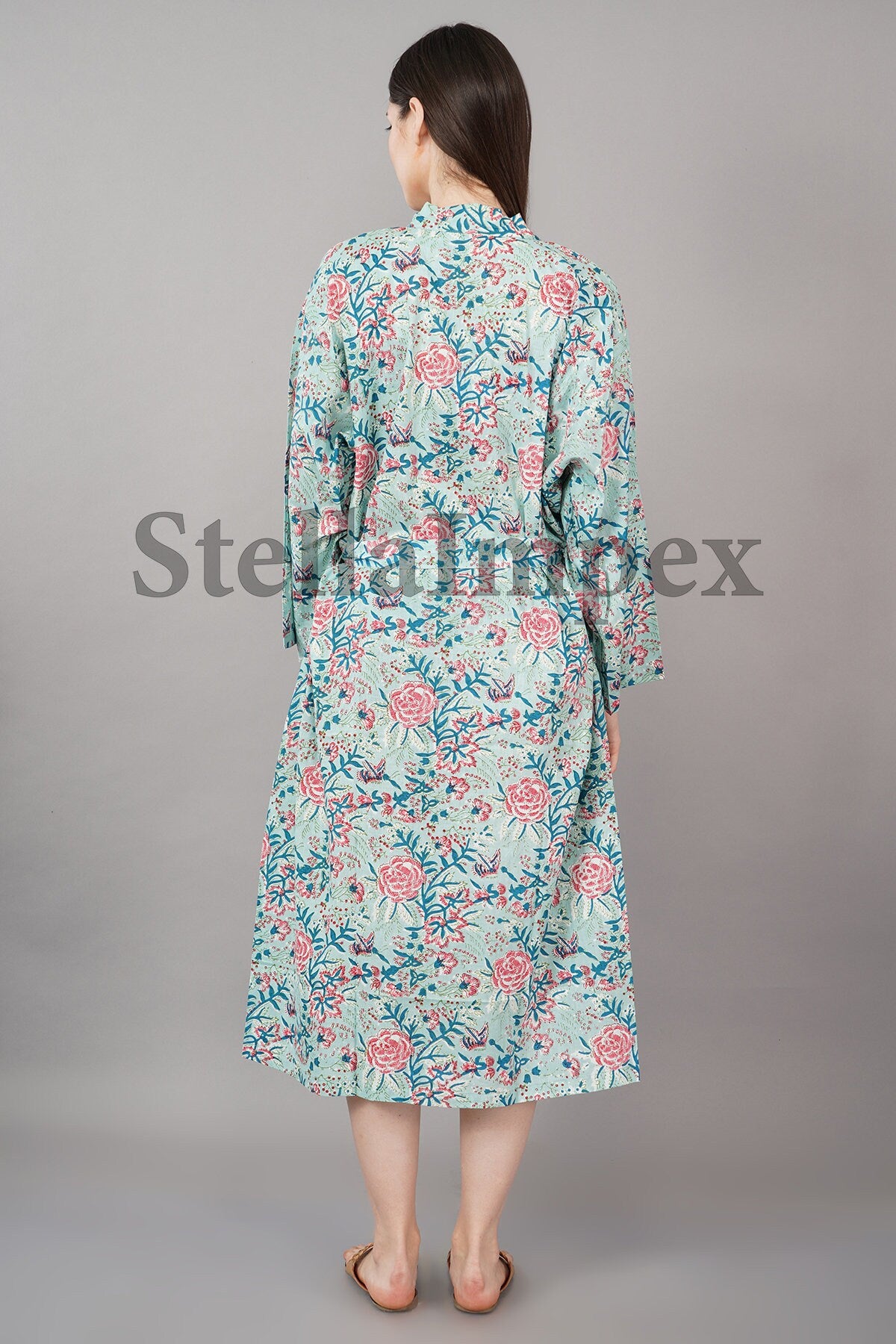 Trendy Cotton Kimono Elegant Blue & Pink Floral Bathrobe Resort Wear Beach Bikini Cover-ups Boho Kimono Bathrobe, Gift for Her