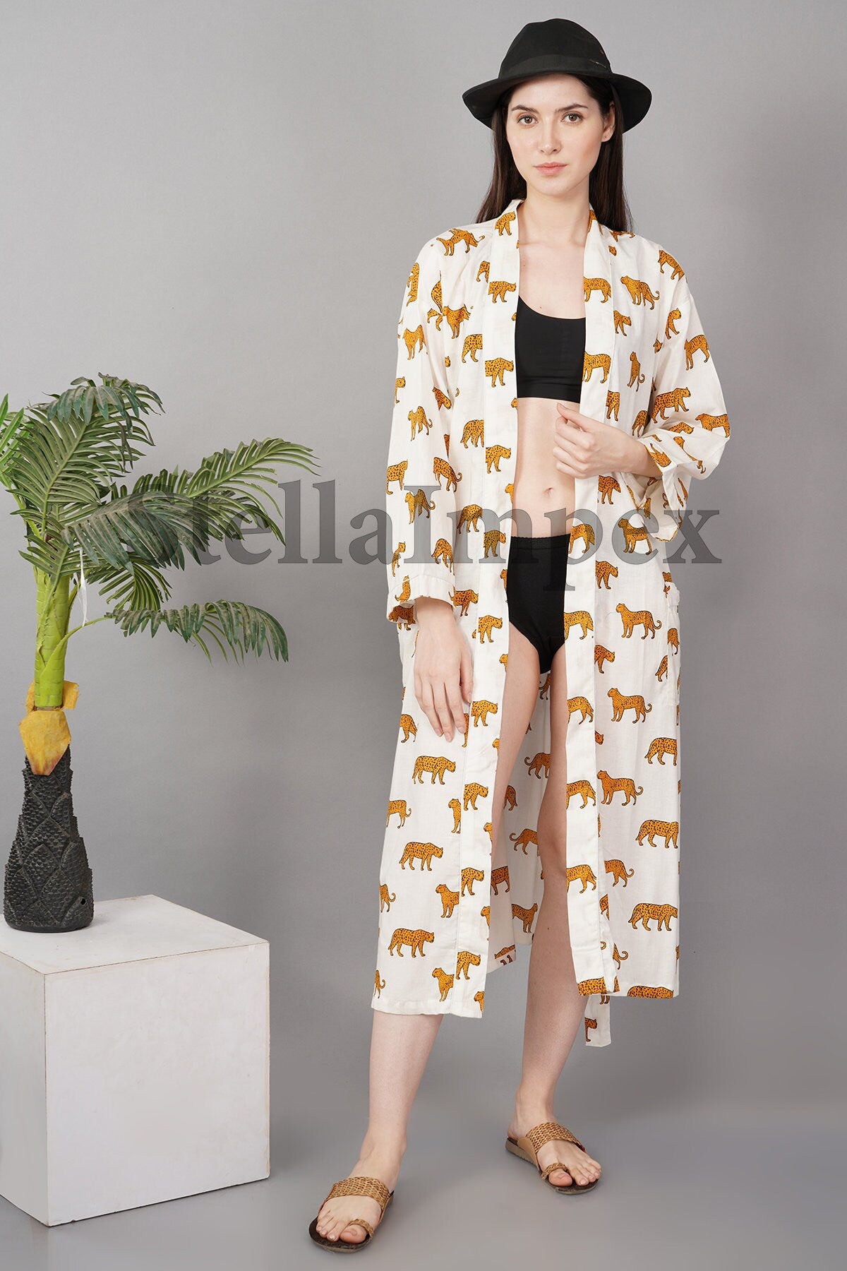 Trendy White & Gold Cheetah Print Elegant Cotton Kimono Bathrobe Resort Wear Beach Bikini Cover-ups Boho Kimono Bathrobe, Gift for Her