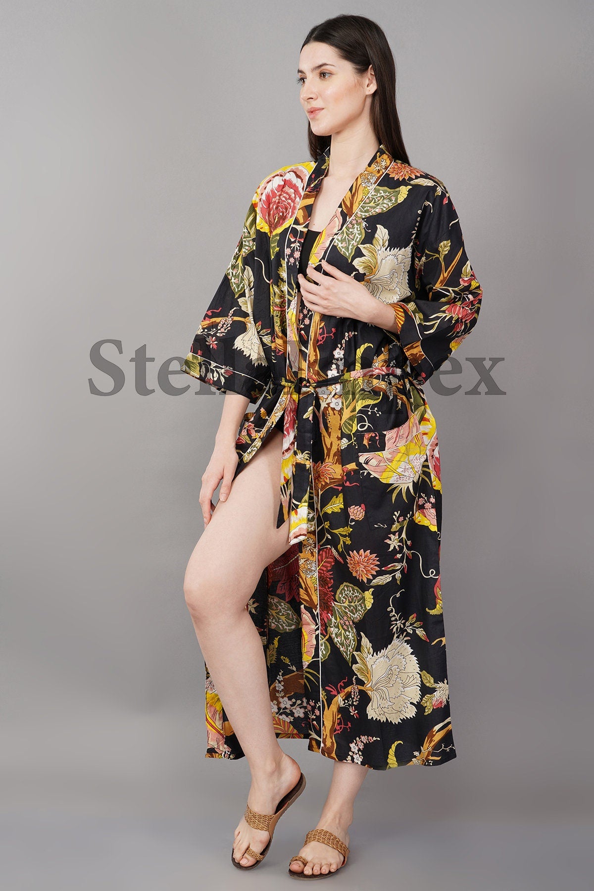 Trendy Cotton Kimono Elegant Black Floral Bathrobe Resort Wear Beach Bikini Cover-ups Boho Kimono Bathrobe, Gift for Her