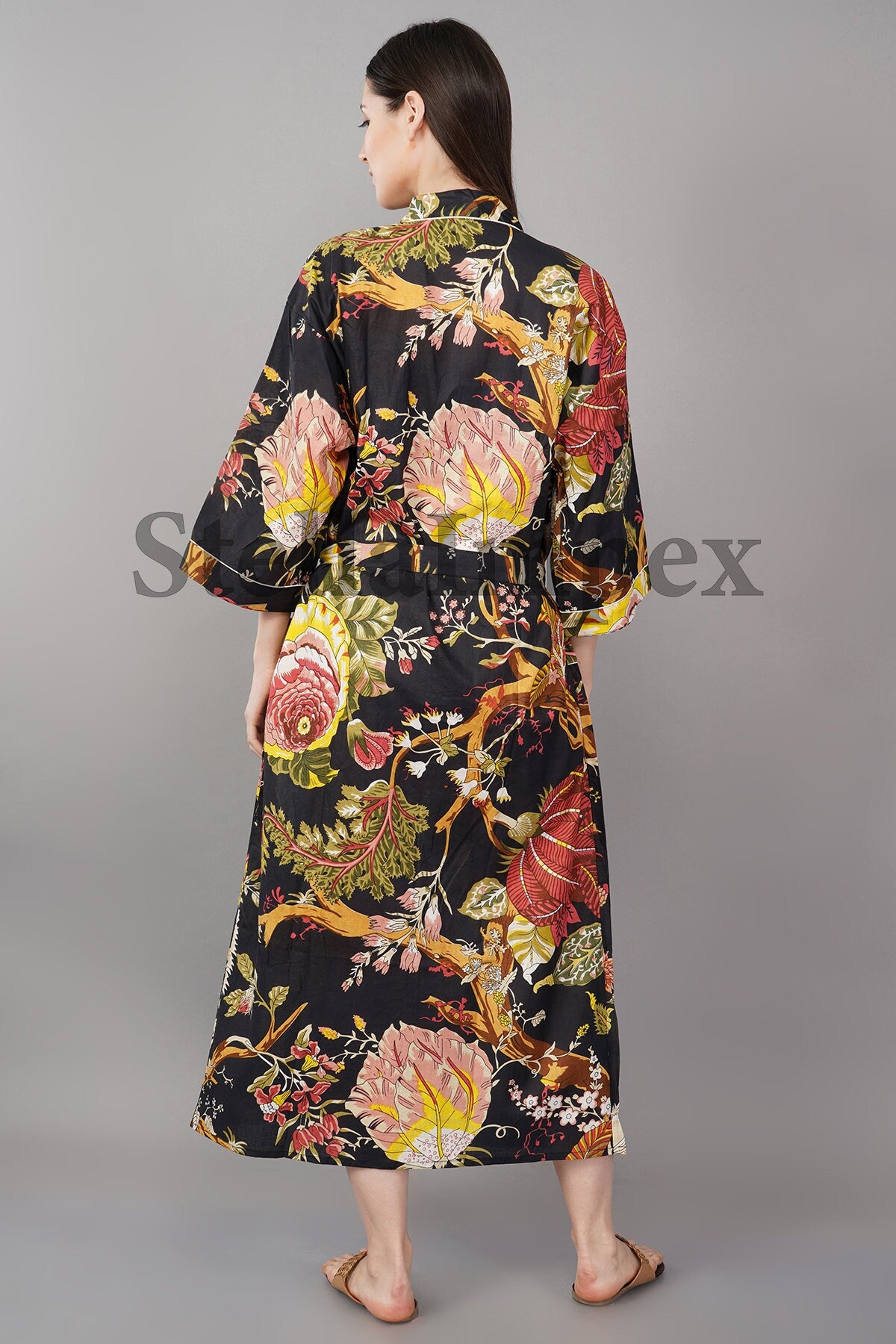 Trendy Cotton Kimono Elegant Black Floral Bathrobe Resort Wear Beach Bikini Cover-ups Boho Kimono Bathrobe, Gift for Her