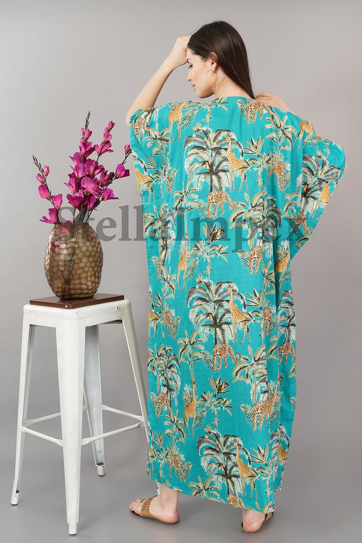 Trendy Cotton Kaftan Elegant Blue Printed Long Caftan Resort Wear Beach Dress Boho Kaftan, Gift for Her