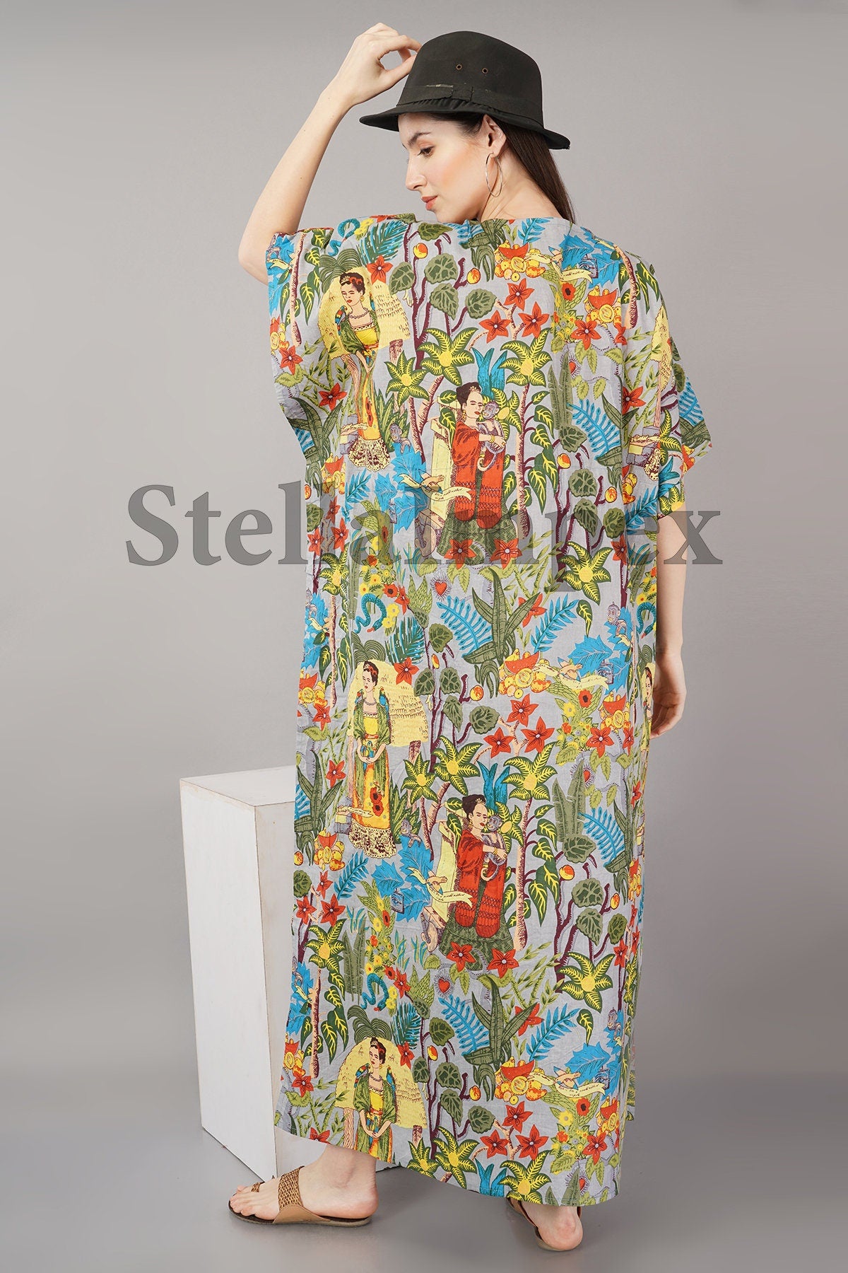 Trendy Cotton Kaftan Elegant Multi-Color Frida Kahlo Print Long Caftan Resort Wear Beach Dress Boho Kaftan, Gift for Her