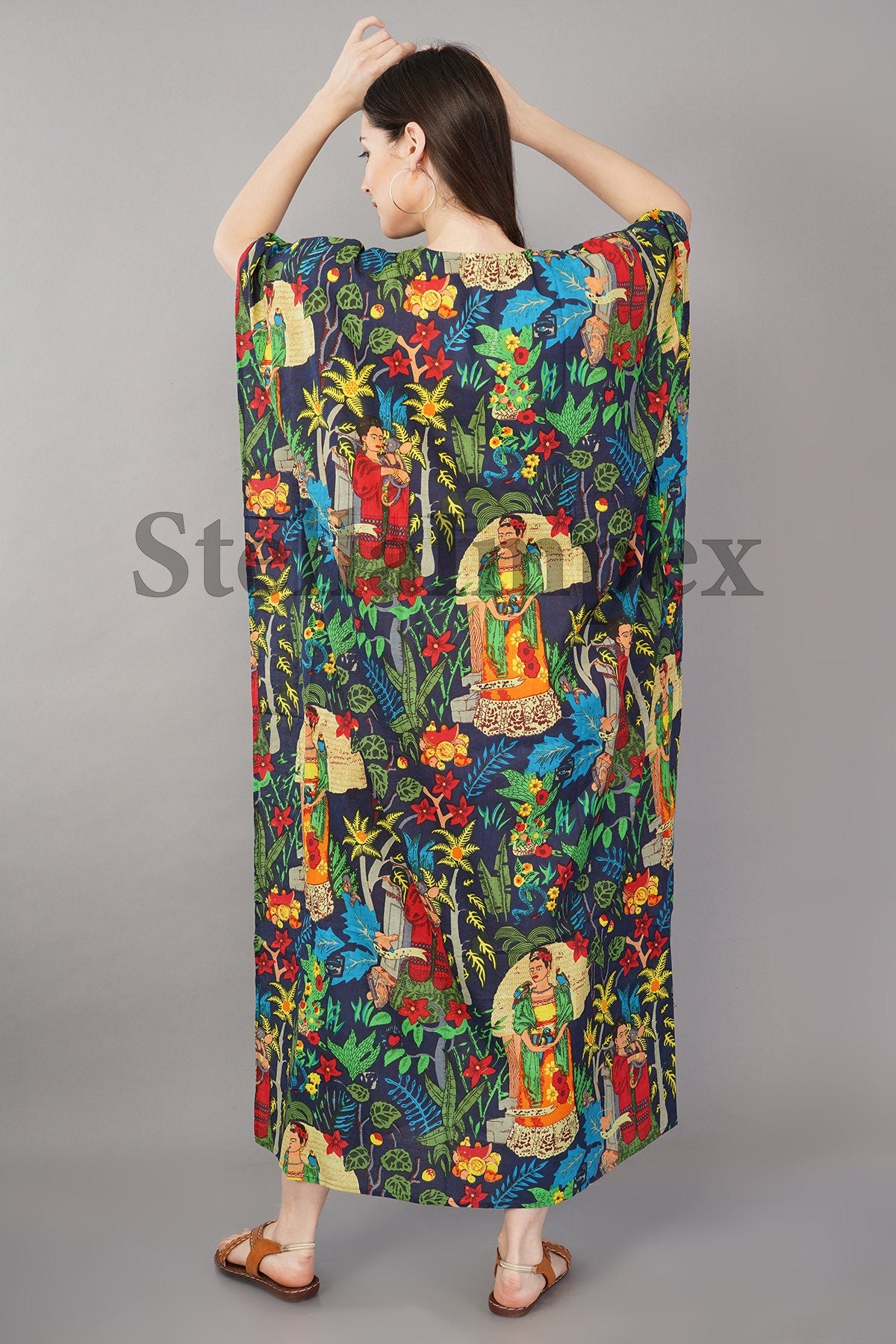 Indian Handmade Cotton Kaftan Elegant Multi Color Frida Kahlo Print Long Caftan Resort Wear Beach Dress Boho Kaftan, Gift for Her