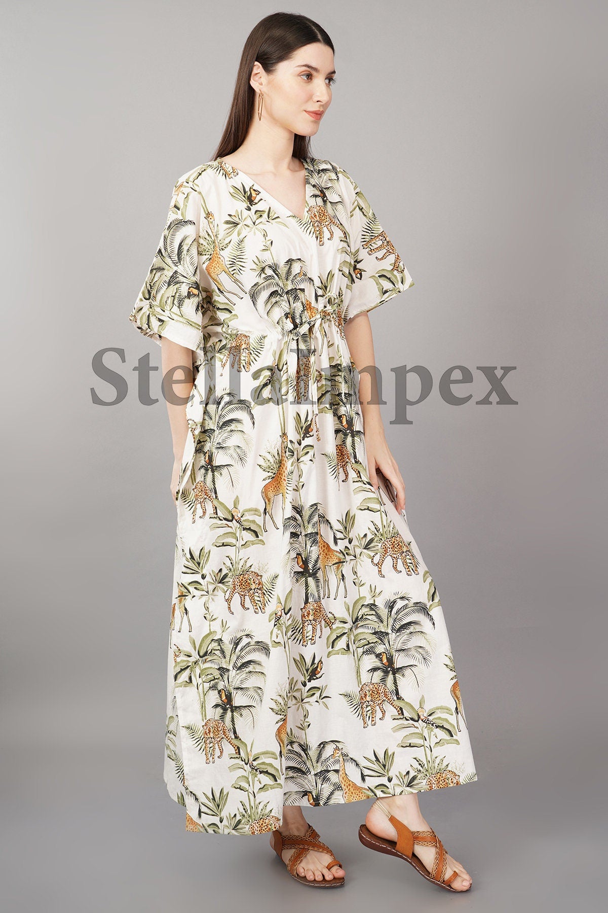 Trendy Handmade Cotton Kaftan Elegant White Leopard Print Long Caftan Resort Wear Beach Dress Boho Kaftan, Gift for Her