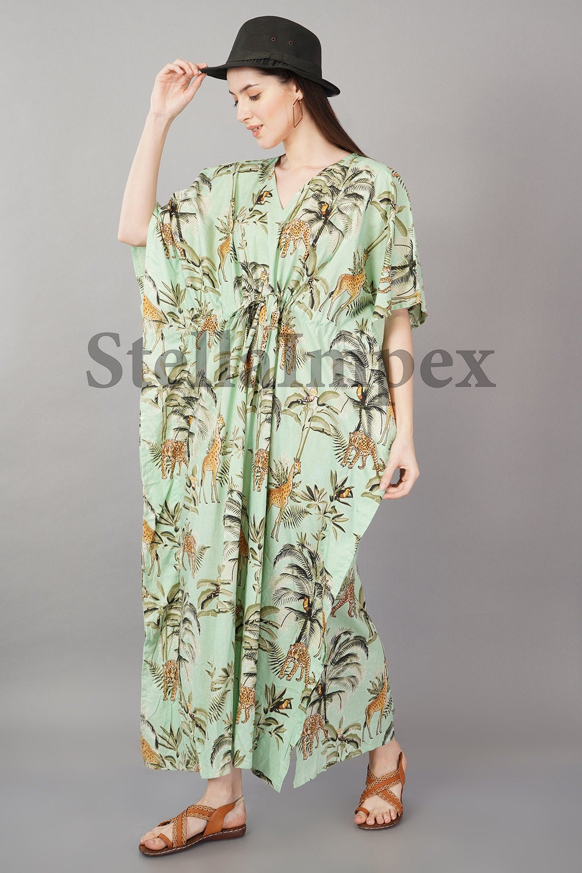 Trendy Handmade Cotton Kaftan Elegant Green Long Caftan Resort Wear Beach Dress Boho Kaftan, Gift for Her