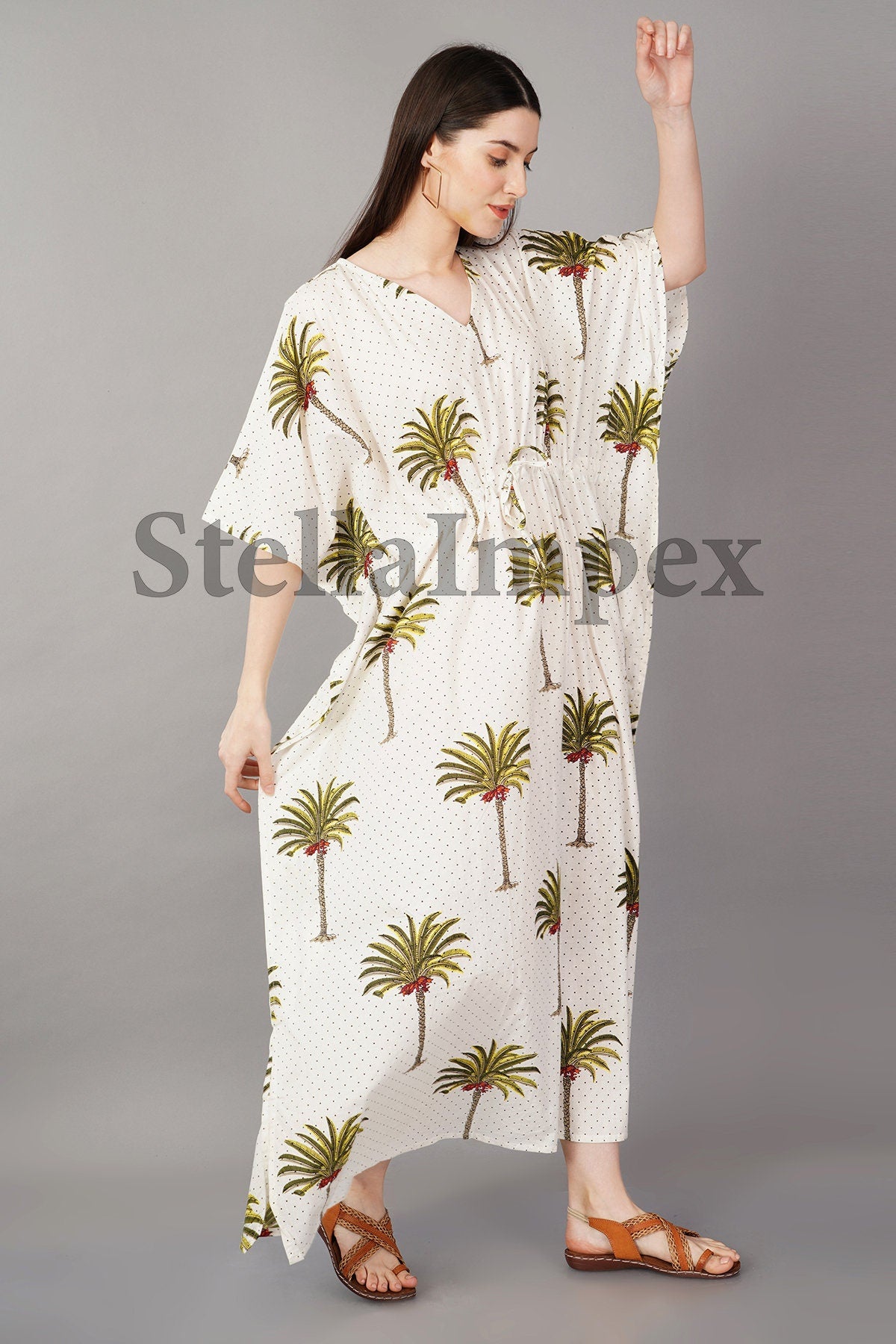 Indian Hand Block Printed Cotton Kaftan Classy White Long Caftan Resort Wear Beach Dress Boho Kaftan, Gift for Her