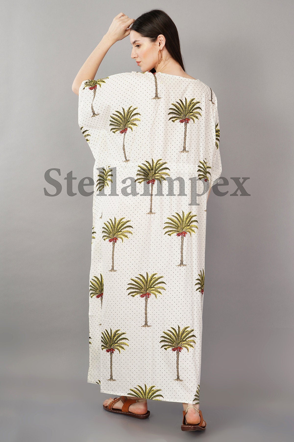 Indian Hand Block Printed Cotton Kaftan Classy White Long Caftan Resort Wear Beach Dress Boho Kaftan, Gift for Her