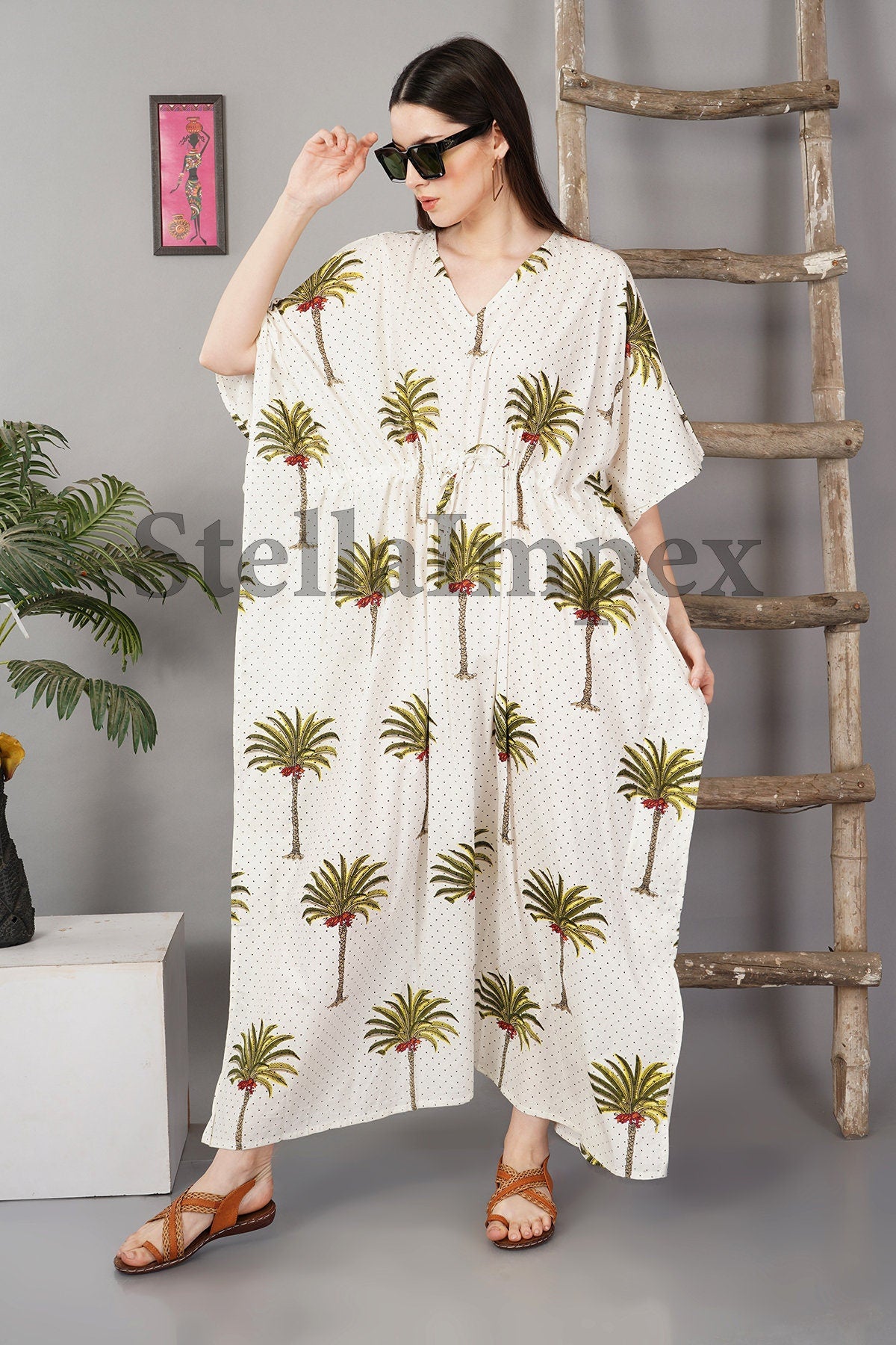 Indian Hand Block Printed Cotton Kaftan Classy White Long Caftan Resort Wear Beach Dress Boho Kaftan, Gift for Her