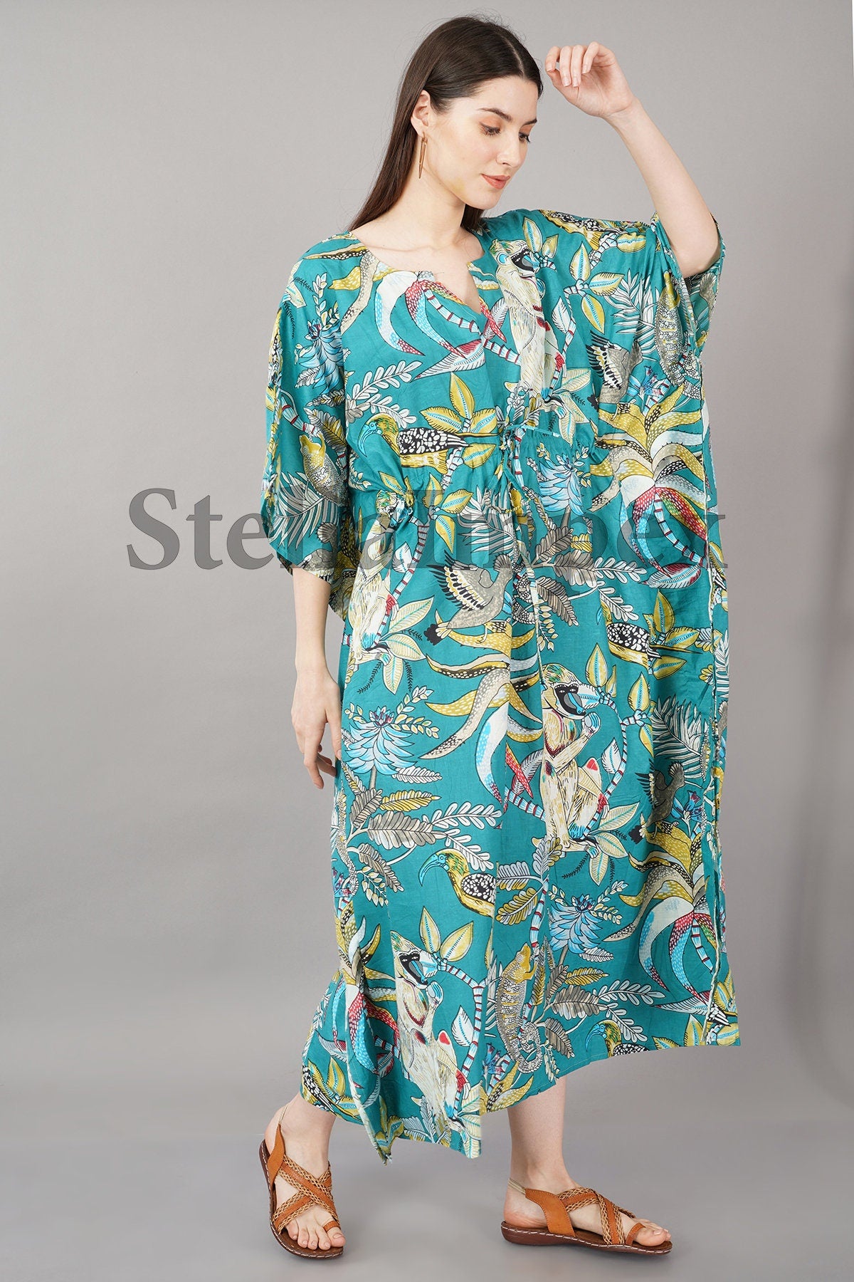 Indian Hand Printed Cotton Kaftan Classy Blue Long Caftan Resort Wear Beach Dress Boho Kaftan, Gift for Her
