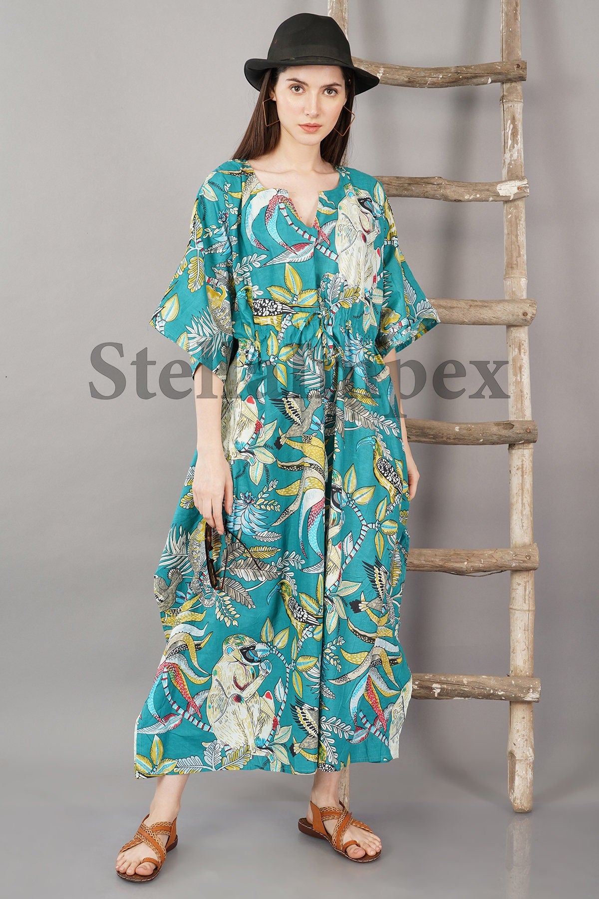 Indian Hand Printed Cotton Kaftan Classy Blue Long Caftan Resort Wear Beach Dress Boho Kaftan, Gift for Her