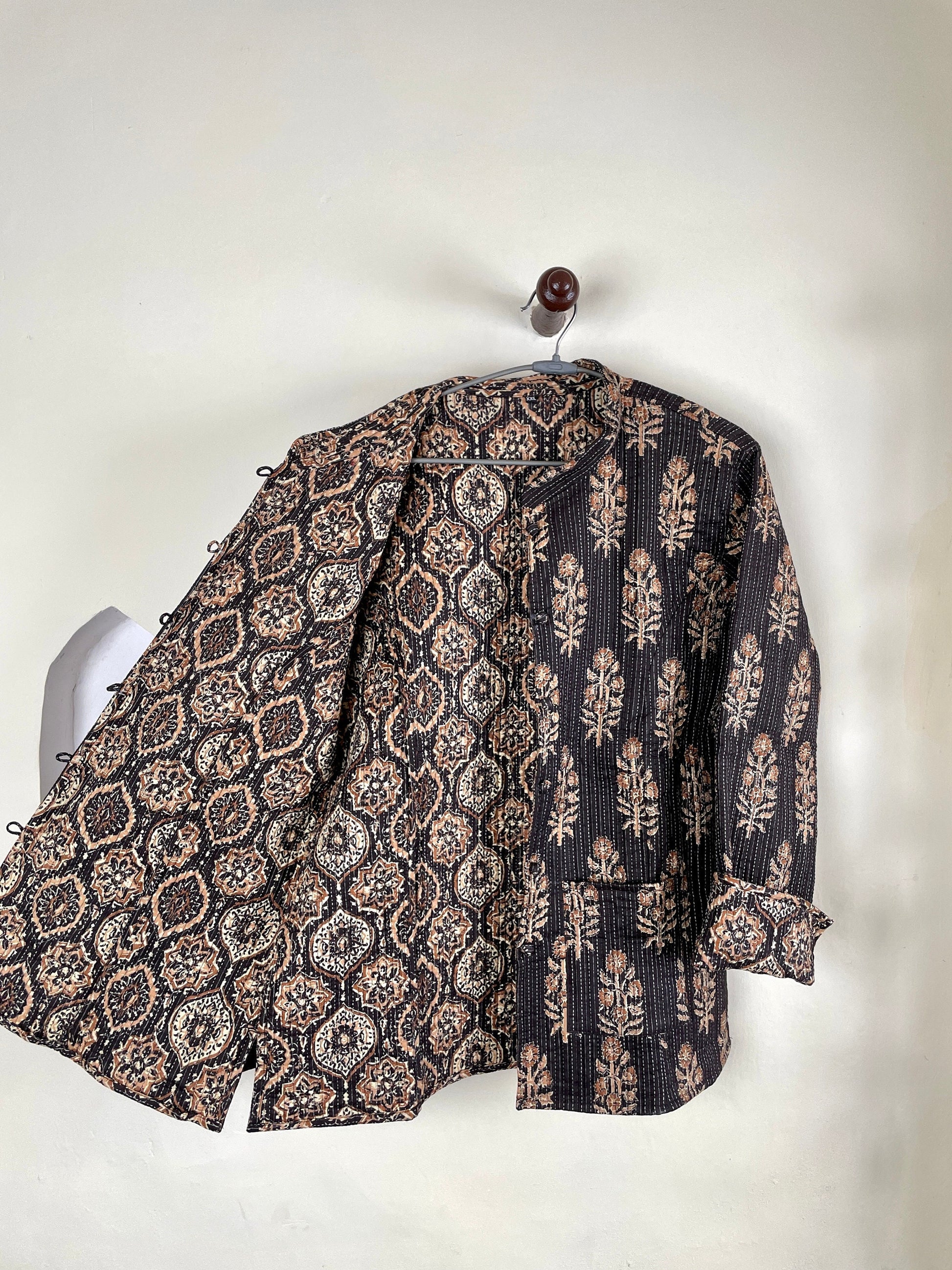 Indian Handmade Quilted Cotton Fabric Jacket Stylish Brown Bohemian Women's Coat, Reversible Waistcoat for Her