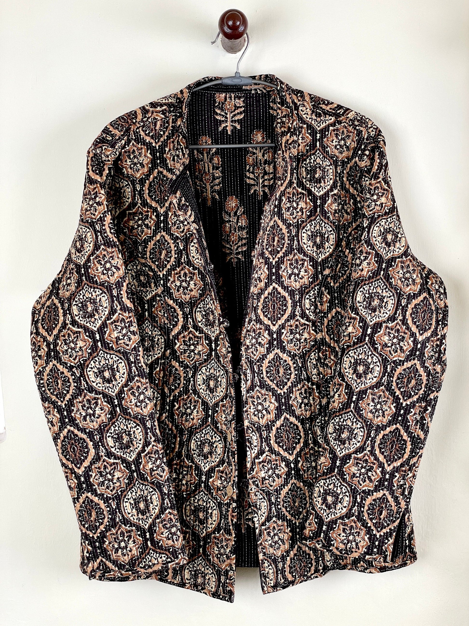 Indian Handmade Quilted Cotton Fabric Jacket Stylish Brown Bohemian Women's Coat, Reversible Waistcoat for Her