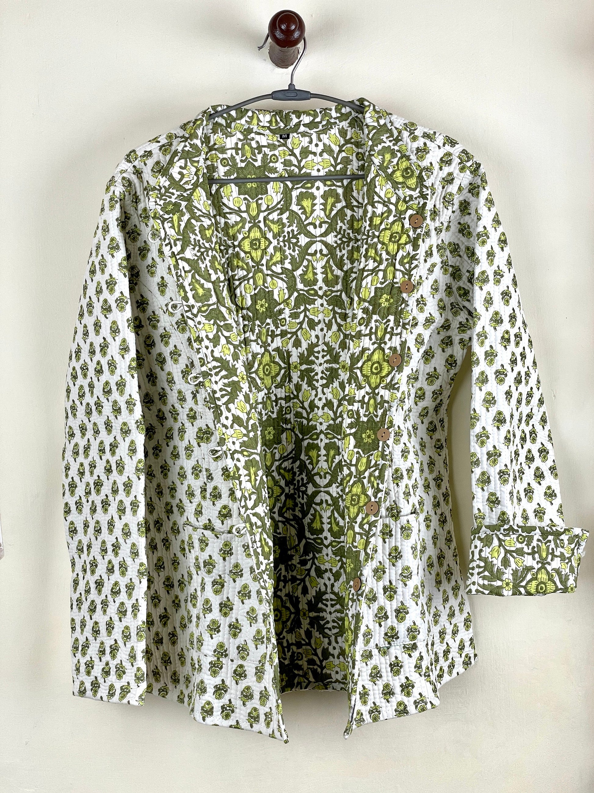 Indian Handmade Quilted Cotton Fabric Jacket Stylish White & Green Floral Women's Coat, Reversible Waistcoat for Her