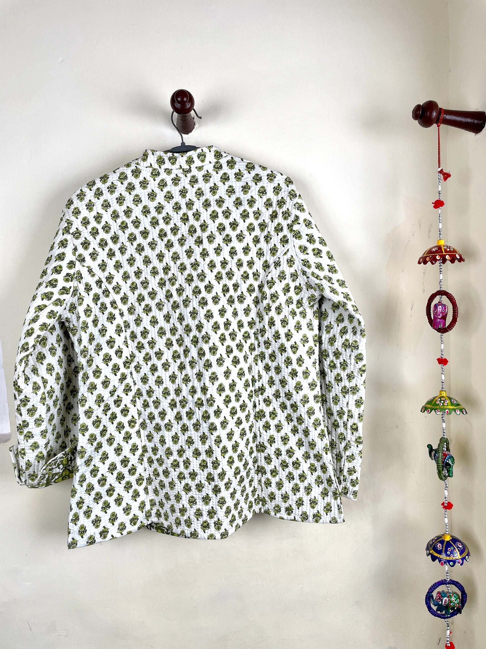 Indian Handmade Quilted Cotton Fabric Jacket Stylish White & Green Floral Women's Coat, Reversible Waistcoat for Her