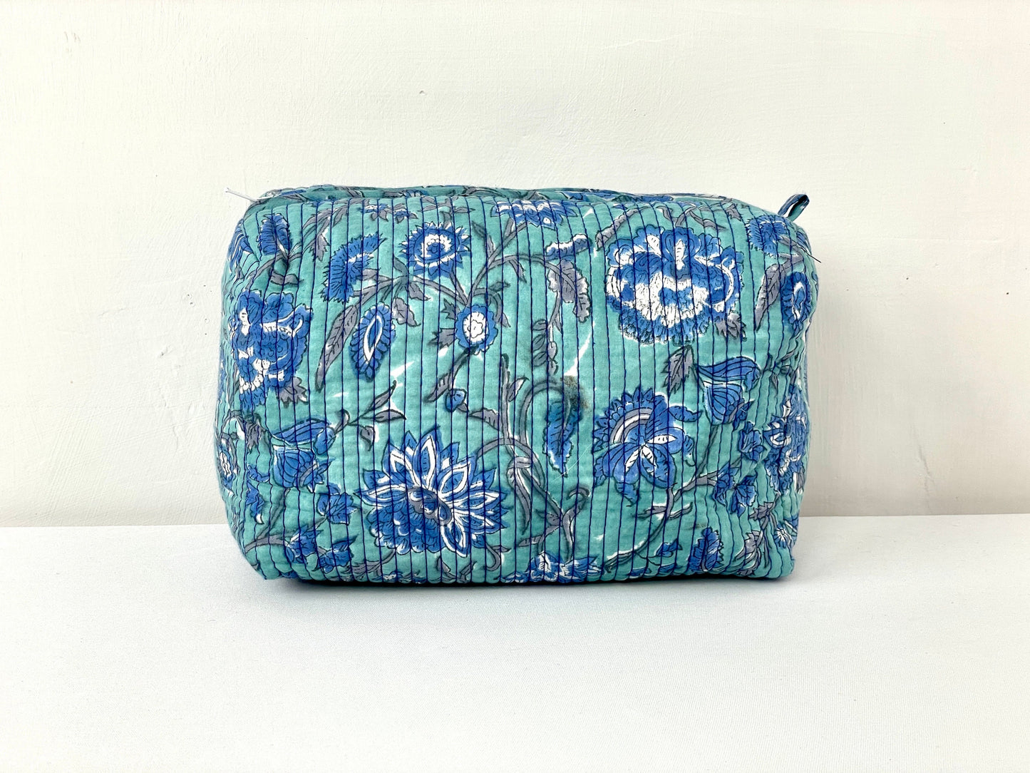Cotton Quilted Toiletry Bag, Elegant Floral Hand Block Print Fabric Wash Bag, Pack of 3 Green & Blue Makeup Bag, Gift for She, Her