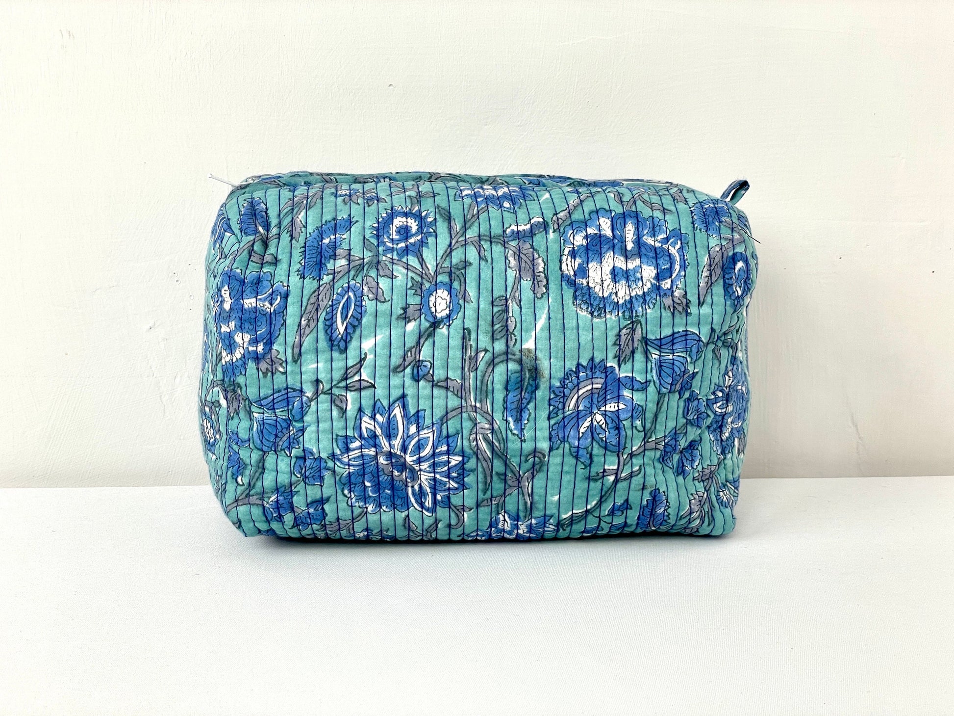 Cotton Quilted Toiletry Bag, Elegant Floral Hand Block Print Fabric Wash Bag, Pack of 3 Green & Blue Makeup Bag, Gift for She, Her