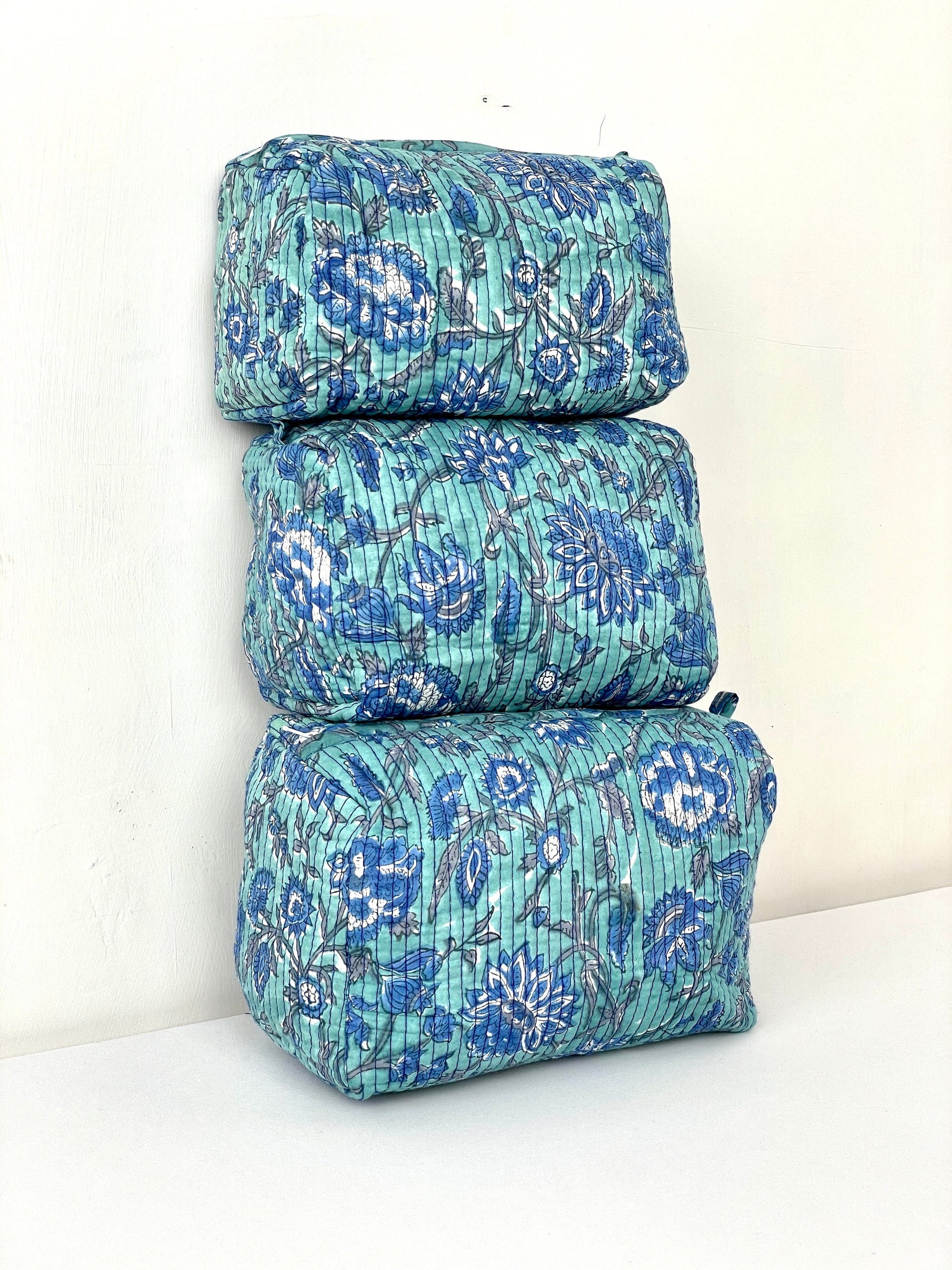Cotton Quilted Toiletry Bag, Elegant Floral Hand Block Print Fabric Wash Bag, Pack of 3 Green & Blue Makeup Bag, Gift for She, Her