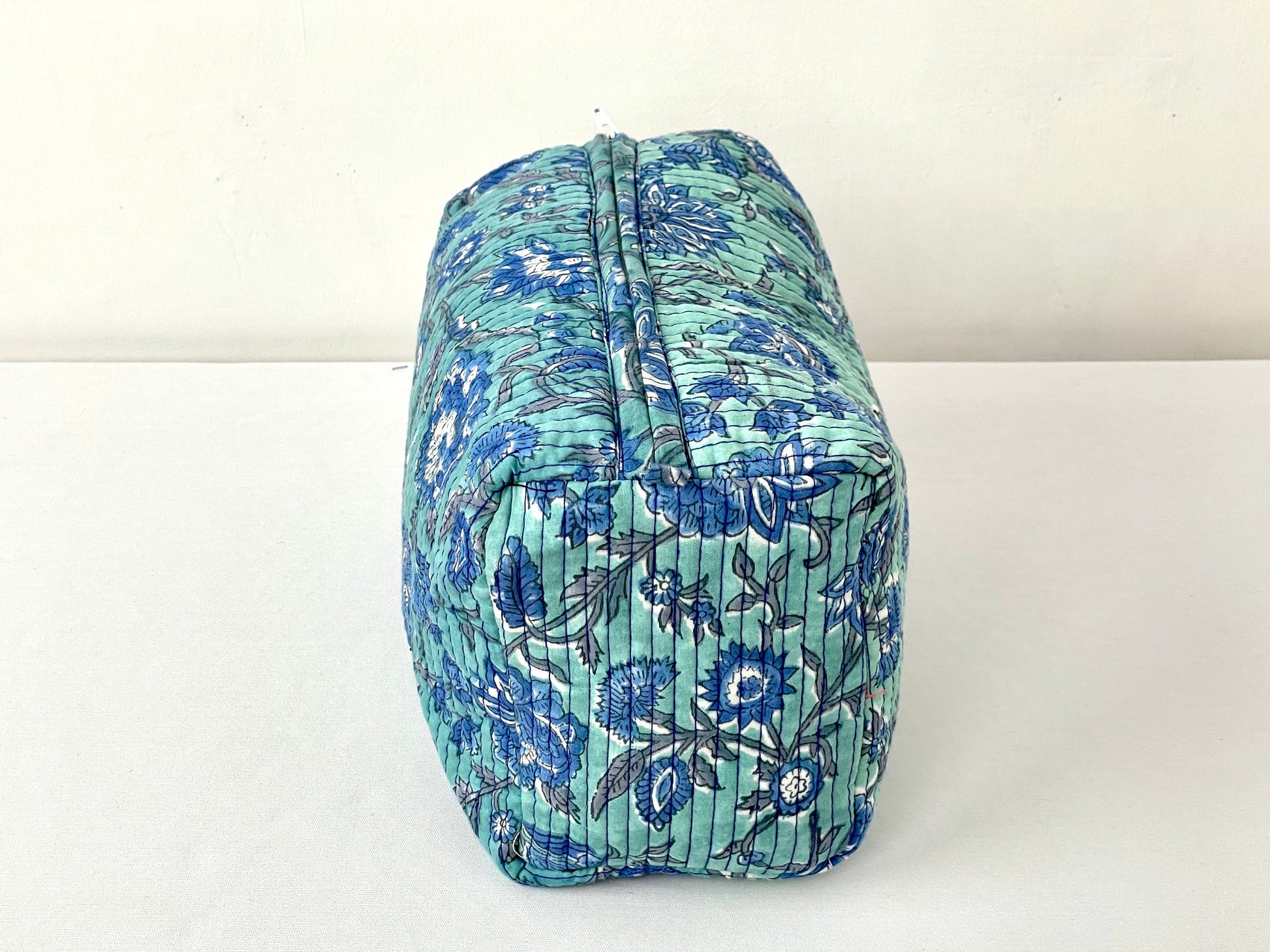 Cotton Quilted Toiletry Bag, Elegant Floral Hand Block Print Fabric Wash Bag, Pack of 3 Green & Blue Makeup Bag, Gift for She, Her