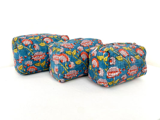 Cotton Quilted Toiletry Bag, Elegant Floral Hand Block Print Fabric Wash Bag, Pack of 3 Blue & Yellow Makeup Bag, Gift for She, Her