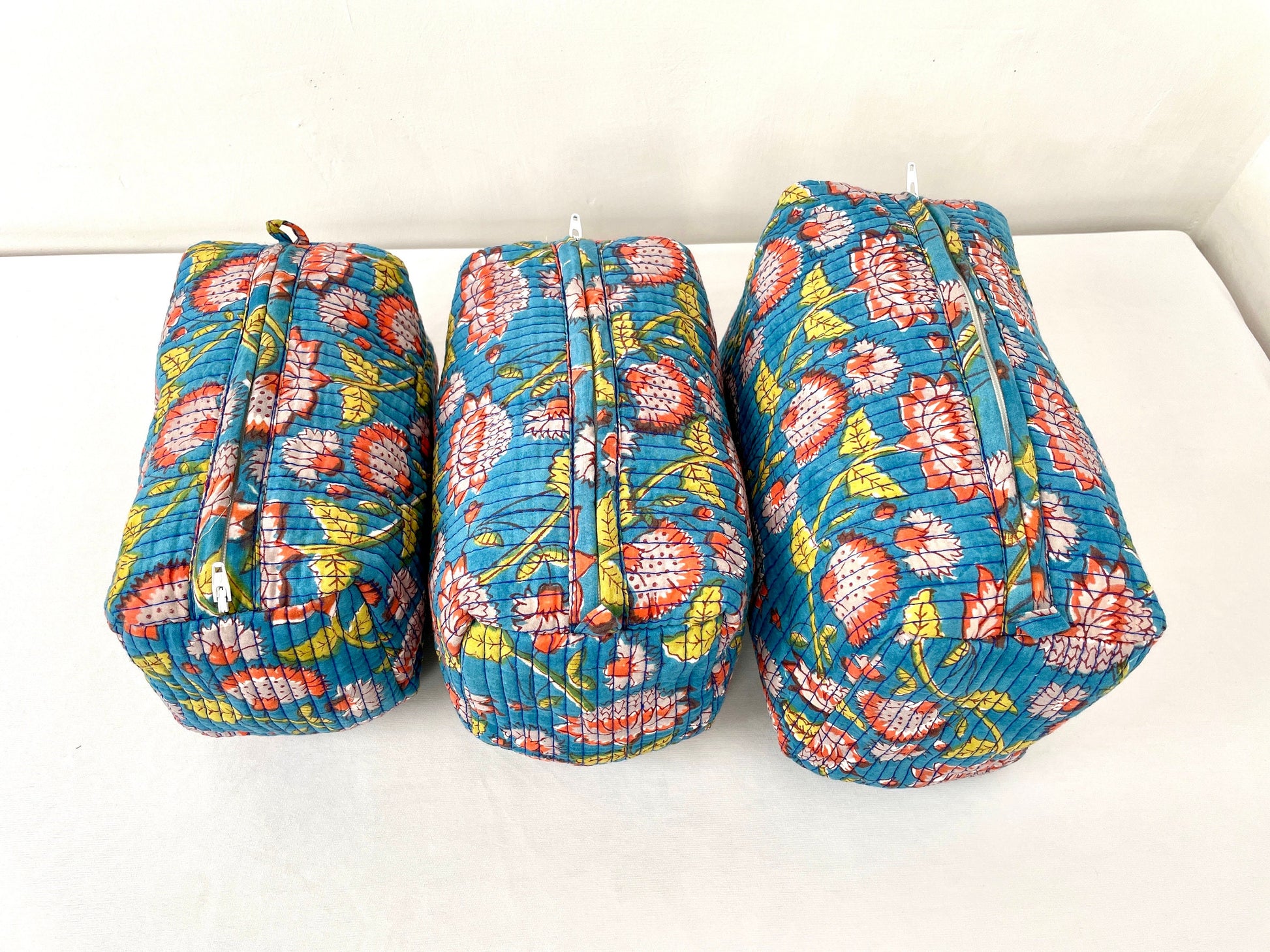 Cotton Quilted Toiletry Bag, Elegant Floral Hand Block Print Fabric Wash Bag, Pack of 3 Blue & Yellow Makeup Bag, Gift for She, Her