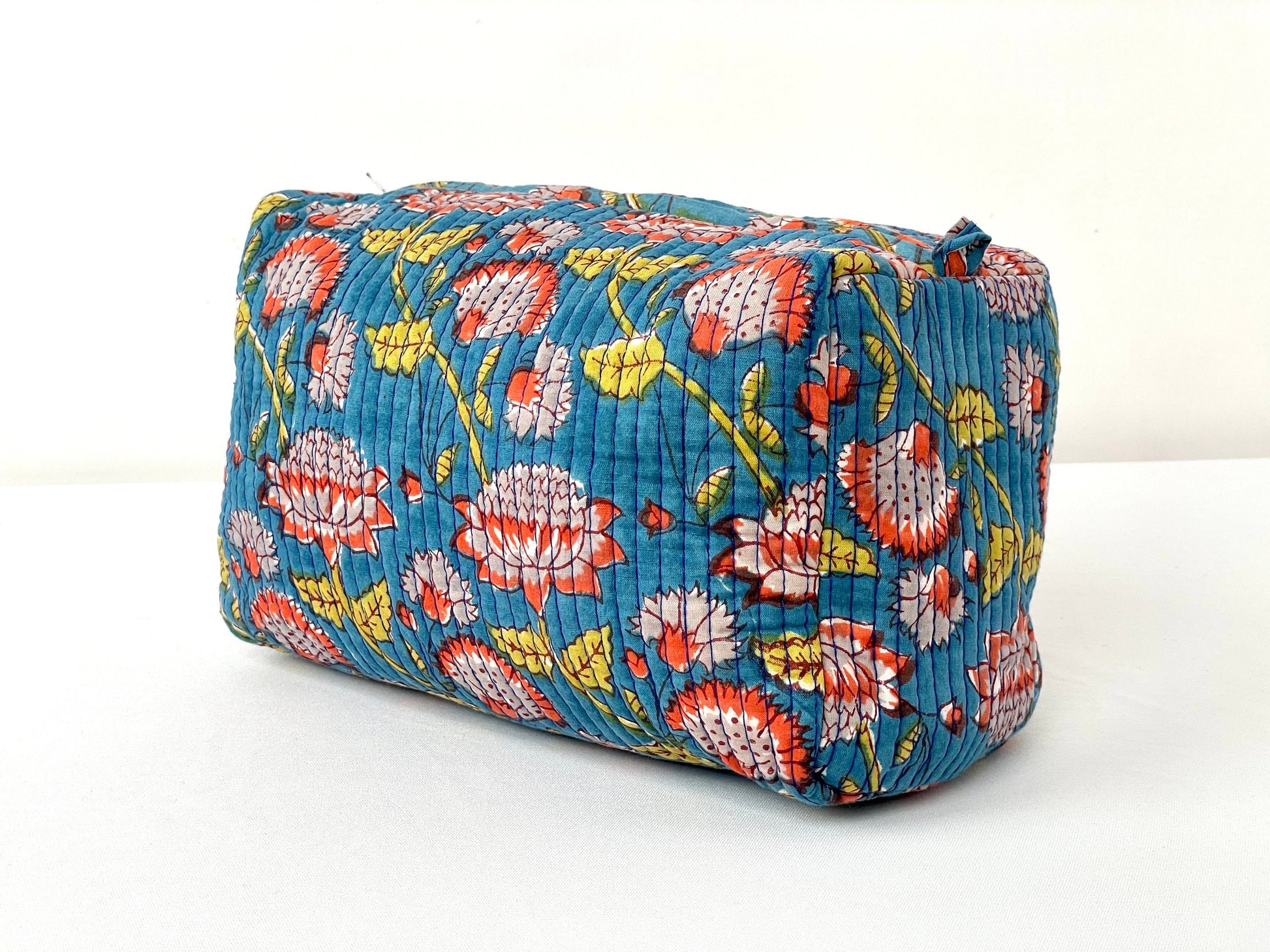 Cotton Quilted Toiletry Bag, Elegant Floral Hand Block Print Fabric Wash Bag, Pack of 3 Blue & Yellow Makeup Bag, Gift for She, Her