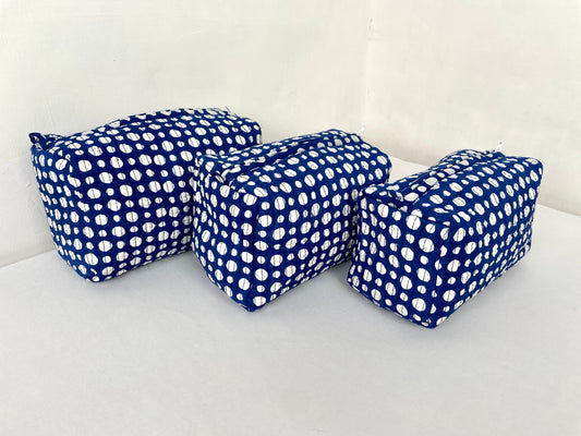 Cotton Quilted Toiletry Bag, Elegant Floral Hand Block Print Fabric Wash Bag, Pack of 3 Blue & White Makeup Bag, Gift for She, Her
