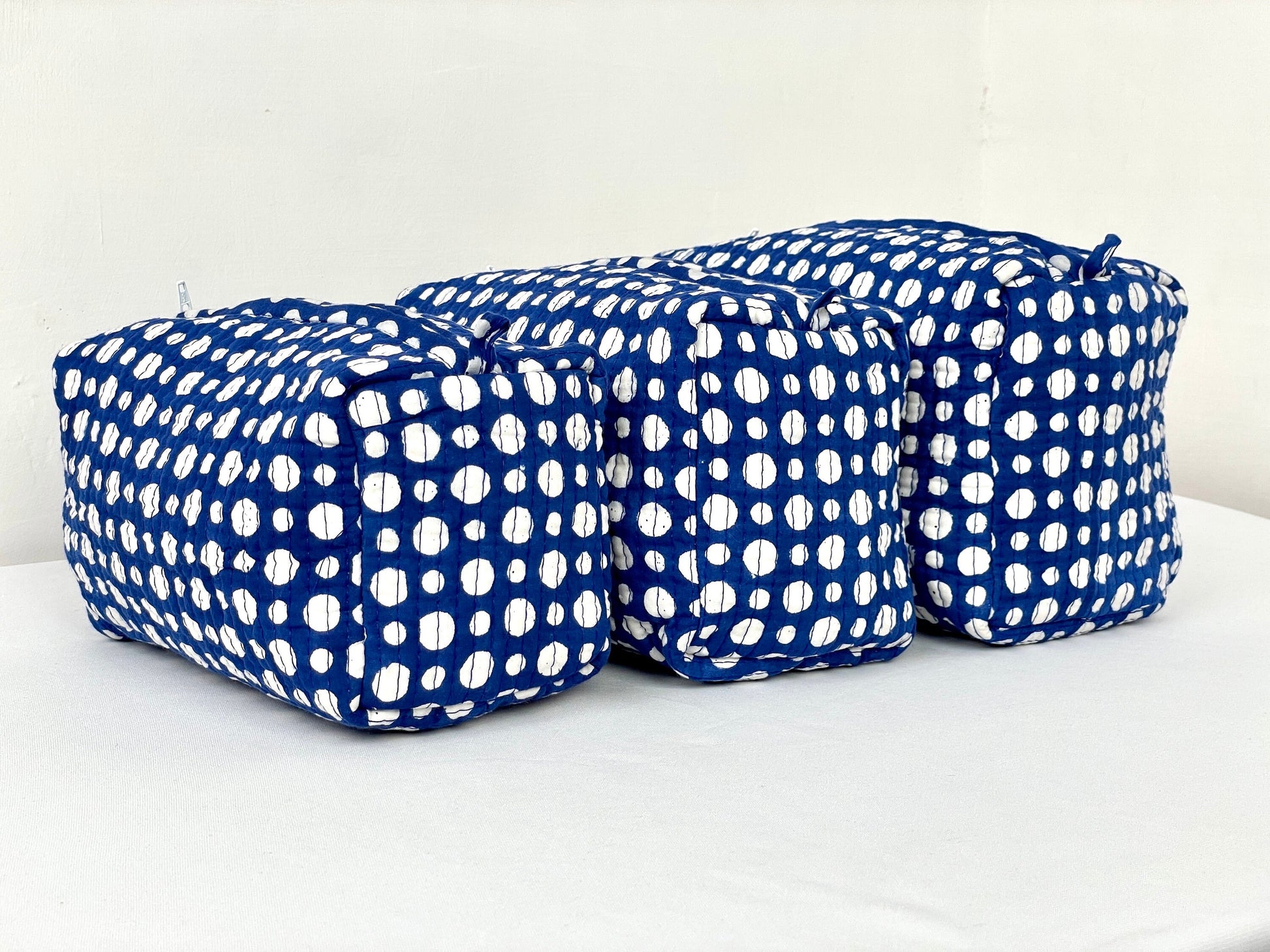 Cotton Quilted Toiletry Bag, Elegant Floral Hand Block Print Fabric Wash Bag, Pack of 3 Blue & White Makeup Bag, Gift for She, Her