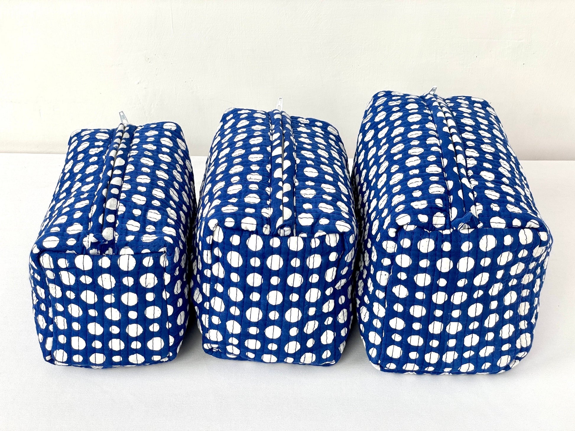 Cotton Quilted Toiletry Bag, Elegant Floral Hand Block Print Fabric Wash Bag, Pack of 3 Blue & White Makeup Bag, Gift for She, Her
