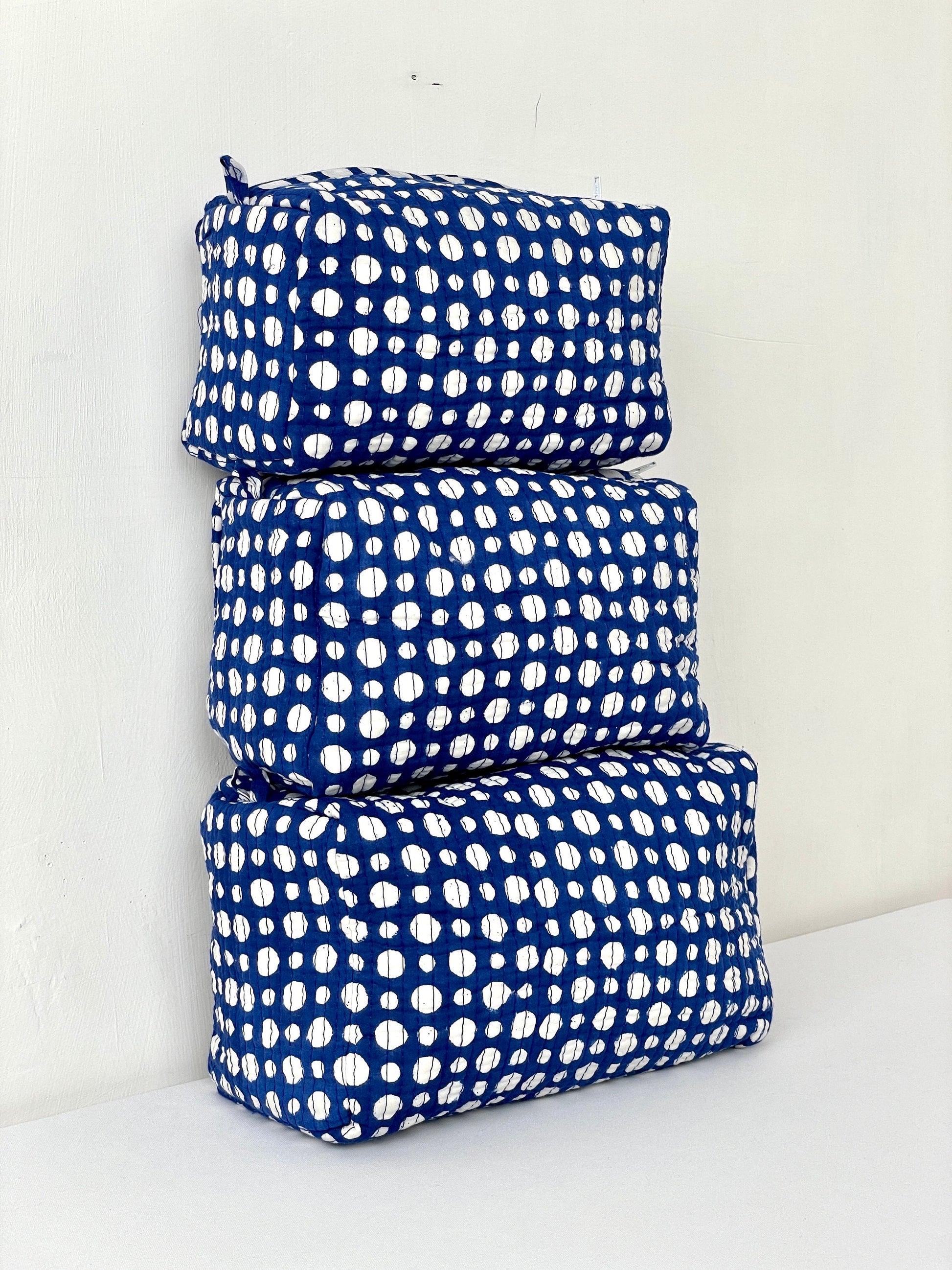 Cotton Quilted Toiletry Bag, Elegant Floral Hand Block Print Fabric Wash Bag, Pack of 3 Blue & White Makeup Bag, Gift for She, Her