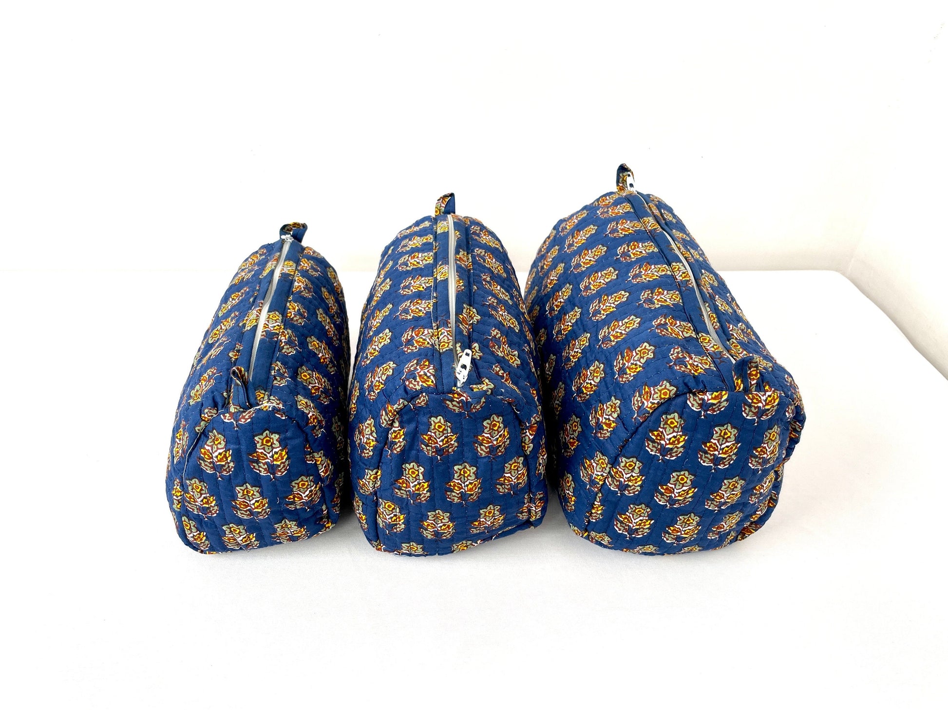 Cotton Quilted Toiletry Bag, Elegant Floral Hand Block Print Fabric Wash Bag, Pack of 3 Blue & Yellow Makeup Bag, Gift for She, Her