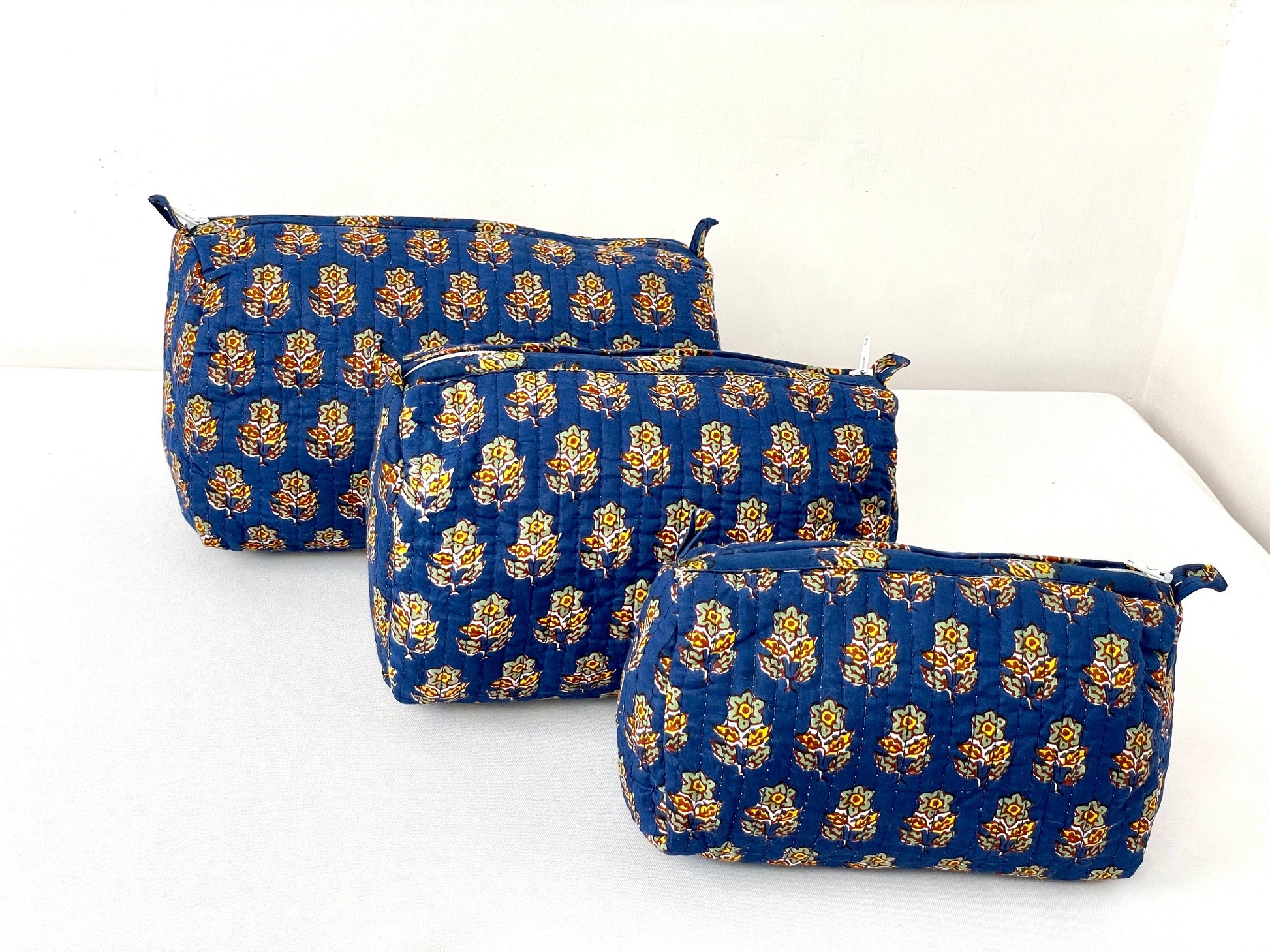 Cotton Quilted Toiletry Bag, Elegant Floral Hand Block Print Fabric Wash Bag, Pack of 3 Blue & Yellow Makeup Bag, Gift for She, Her