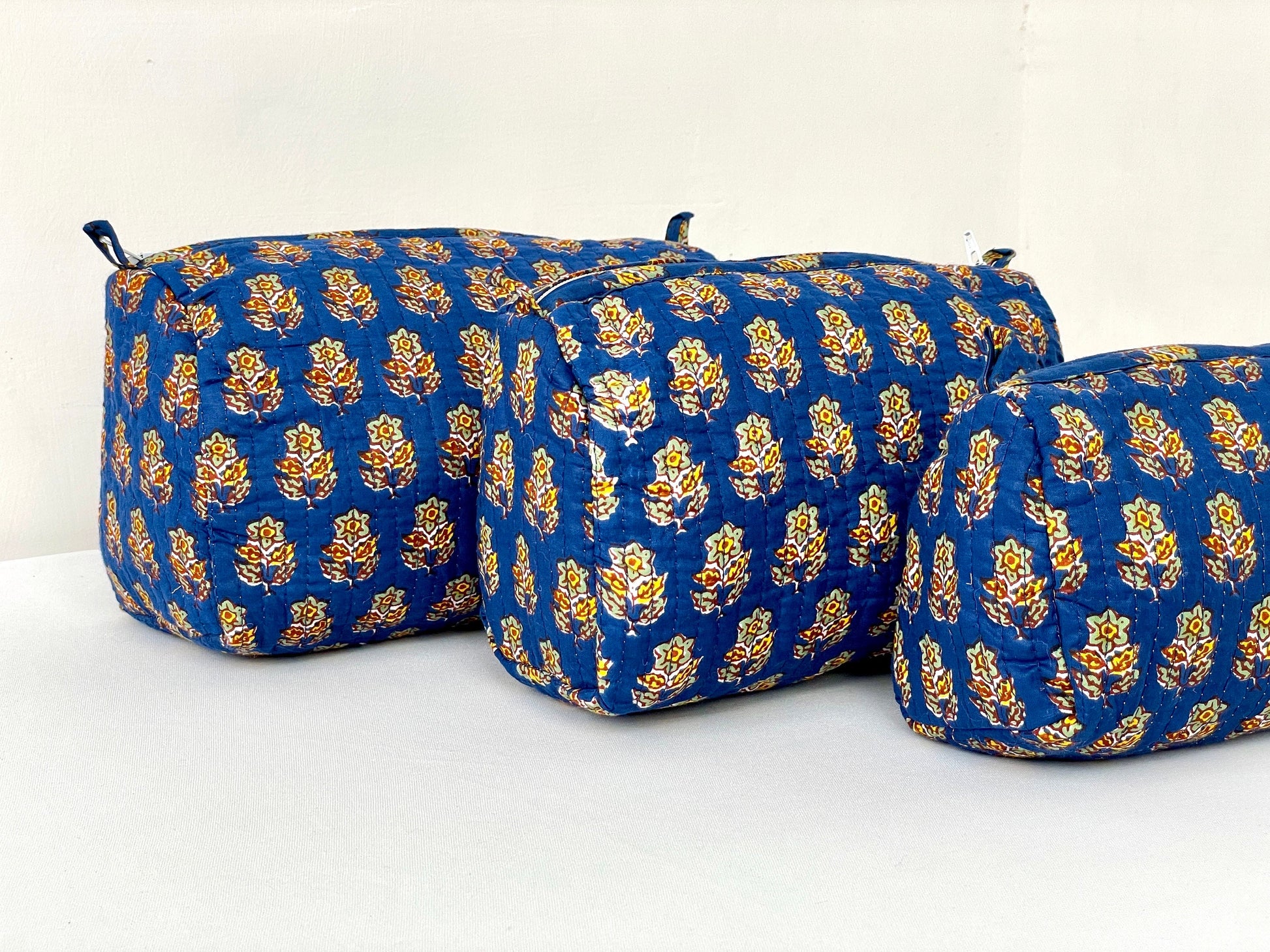 Cotton Quilted Toiletry Bag, Elegant Floral Hand Block Print Fabric Wash Bag, Pack of 3 Blue & Yellow Makeup Bag, Gift for She, Her