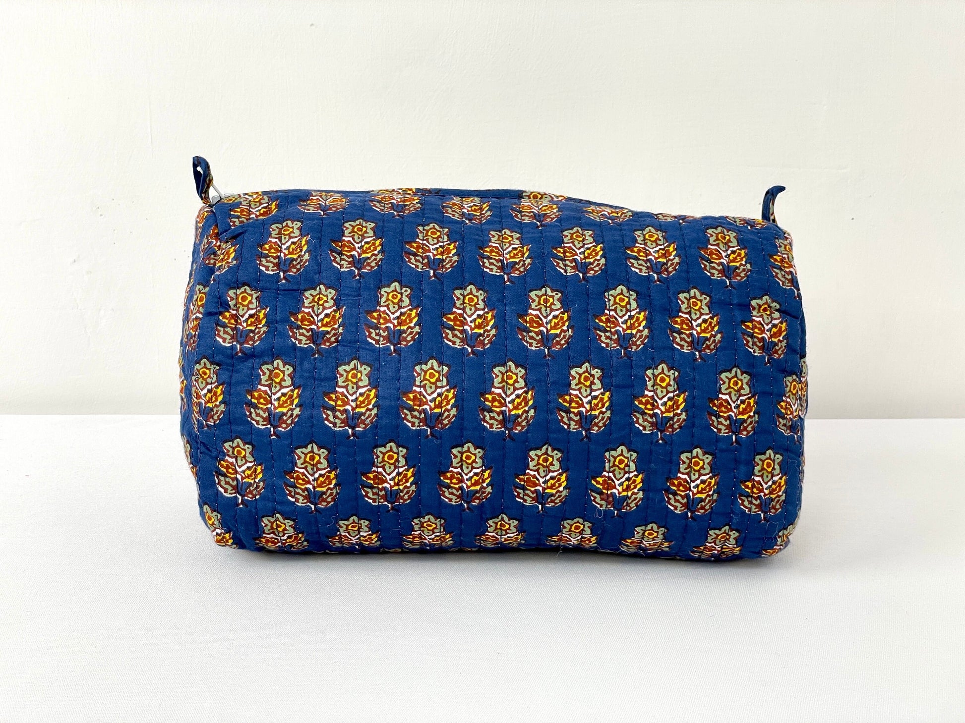 Cotton Quilted Toiletry Bag, Elegant Floral Hand Block Print Fabric Wash Bag, Pack of 3 Blue & Yellow Makeup Bag, Gift for She, Her