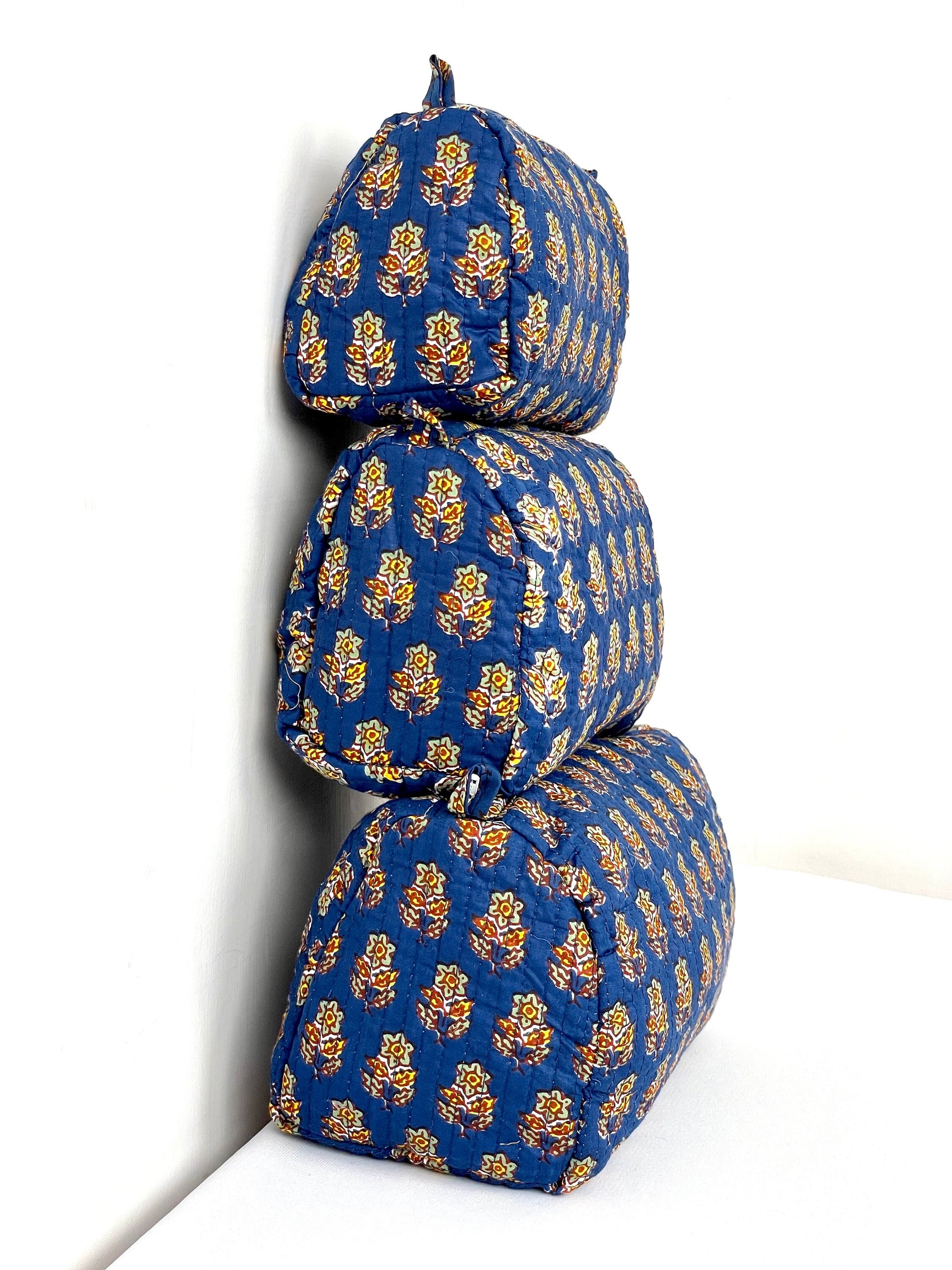 Cotton Quilted Toiletry Bag, Elegant Floral Hand Block Print Fabric Wash Bag, Pack of 3 Blue & Yellow Makeup Bag, Gift for She, Her