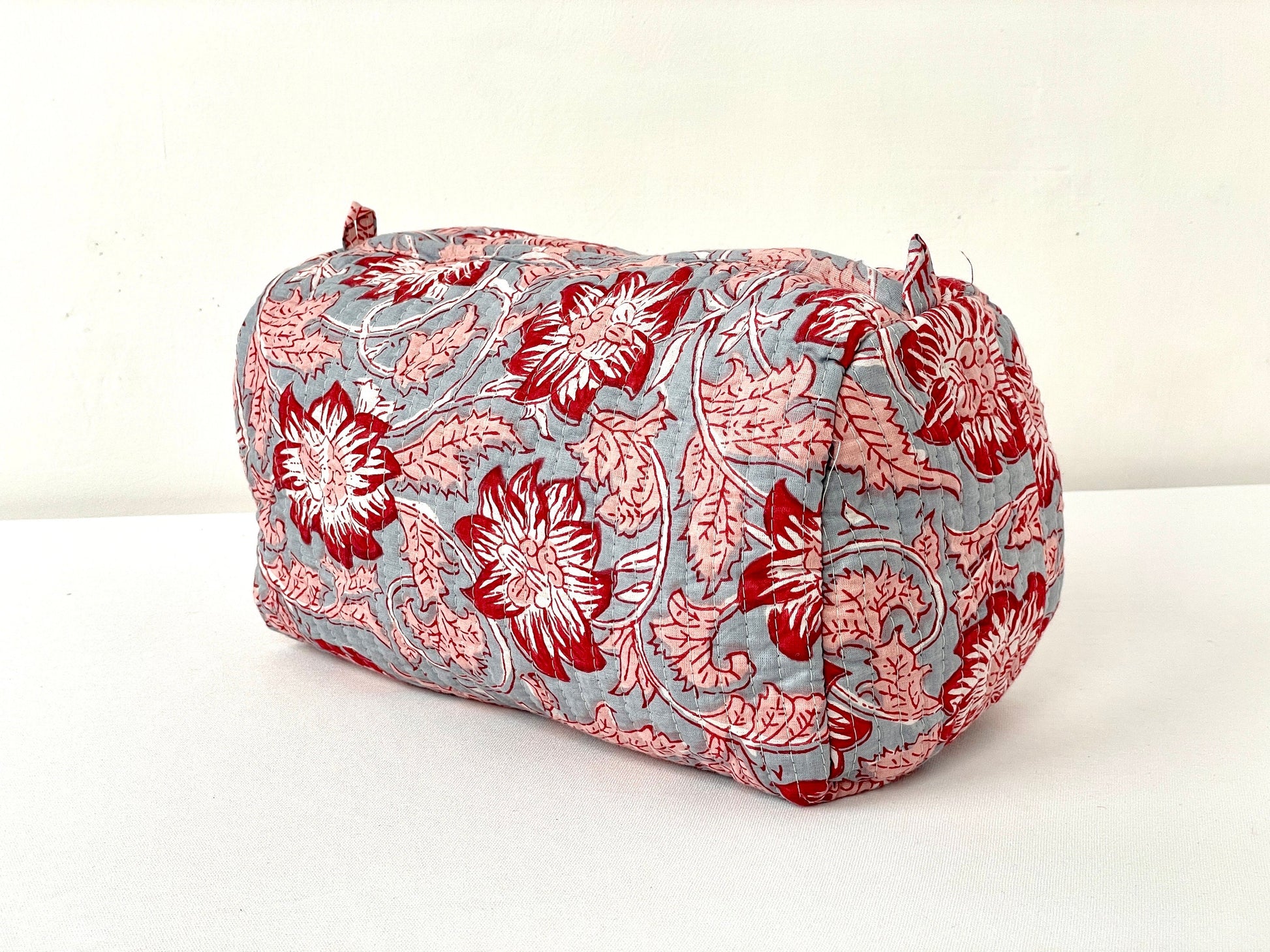 Cotton Quilted Toiletry Bag, Elegant Floral Hand Block Print Fabric Wash Bag, Pack of 3 Grey & Red Makeup Bag, Gift for She, Her
