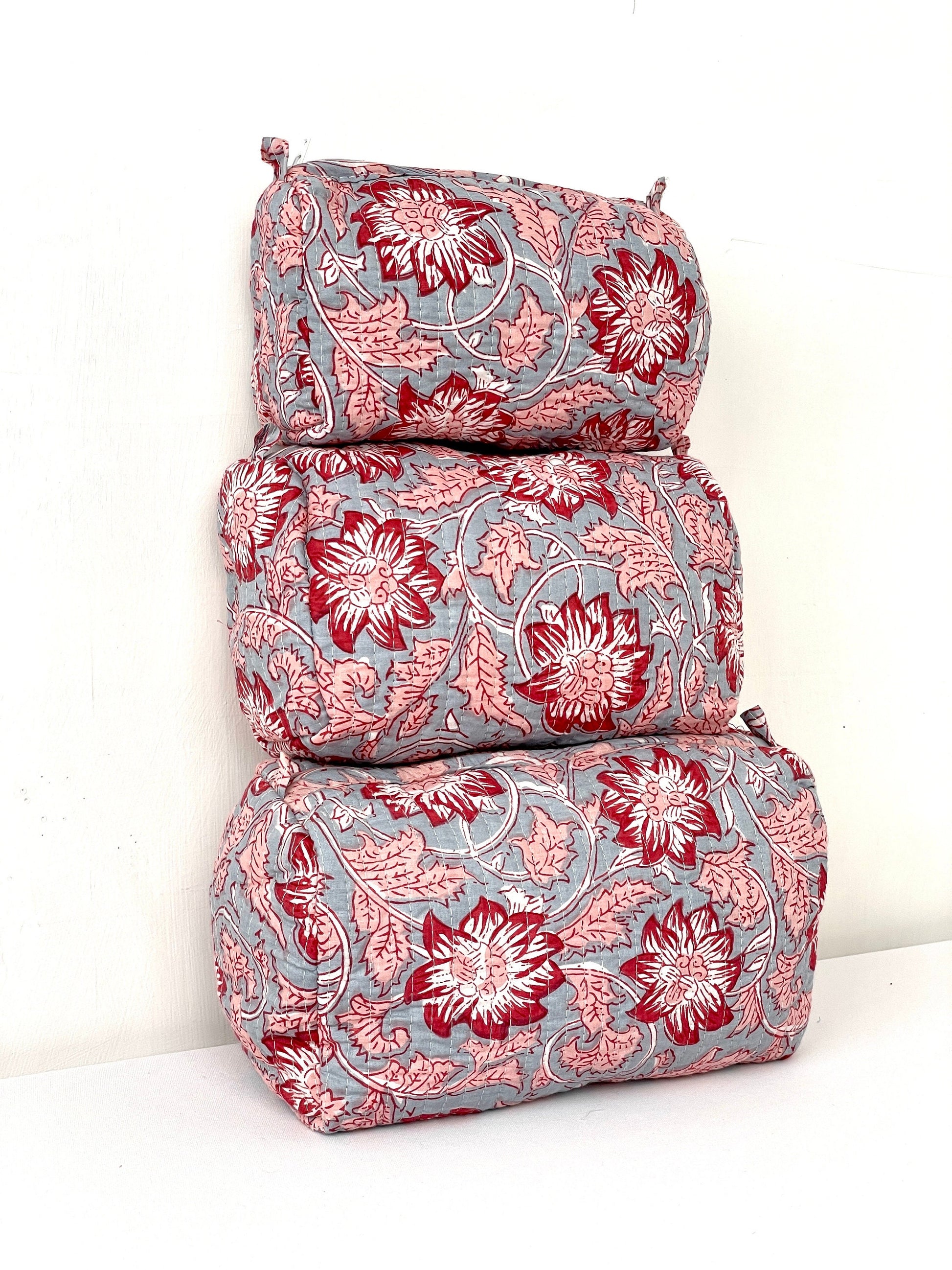 Cotton Quilted Toiletry Bag, Elegant Floral Hand Block Print Fabric Wash Bag, Pack of 3 Grey & Red Makeup Bag, Gift for She, Her