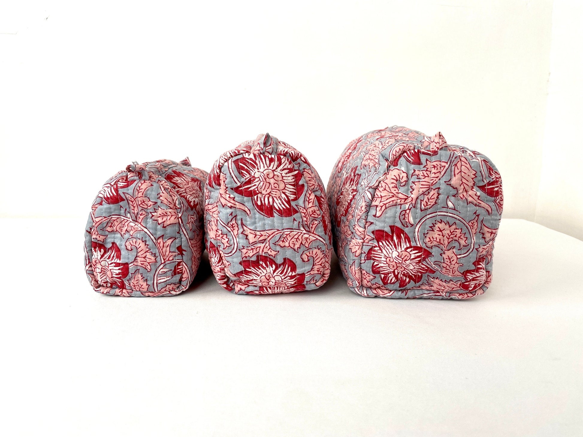 Cotton Quilted Toiletry Bag, Elegant Floral Hand Block Print Fabric Wash Bag, Pack of 3 Grey & Red Makeup Bag, Gift for She, Her
