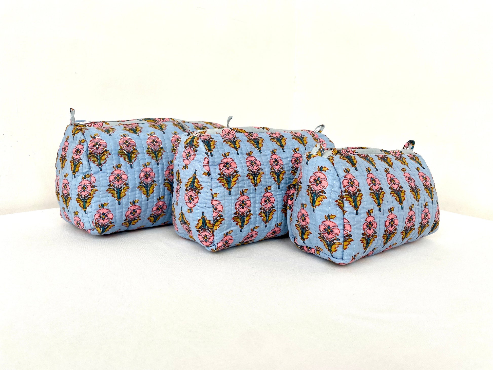Cotton Quilted Toiletry Bag, Elegant Floral Hand Block Print Fabric Wash Bag, Pack of 3 Blue & Pink Makeup Bag, Gift for She, Her