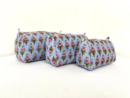 Cotton Quilted Toiletry Bag, Elegant Floral Hand Block Print Fabric Wash Bag, Pack of 3 Blue & Pink Makeup Bag, Gift for She, Her