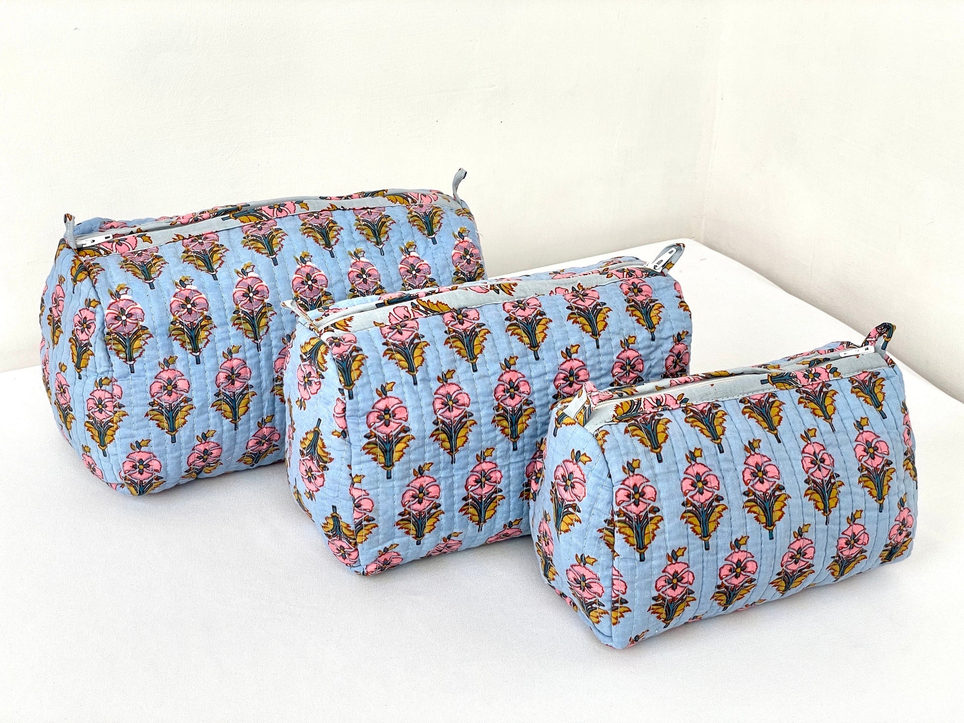 Cotton Quilted Toiletry Bag, Elegant Floral Hand Block Print Fabric Wash Bag, Pack of 3 Blue & Pink Makeup Bag, Gift for She, Her