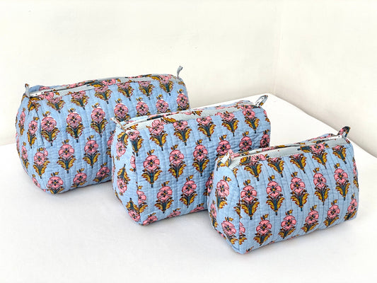 Cotton Quilted Toiletry Bag, Elegant Floral Hand Block Print Fabric Wash Bag, Pack of 3 Blue & Pink Makeup Bag, Gift for She, Her